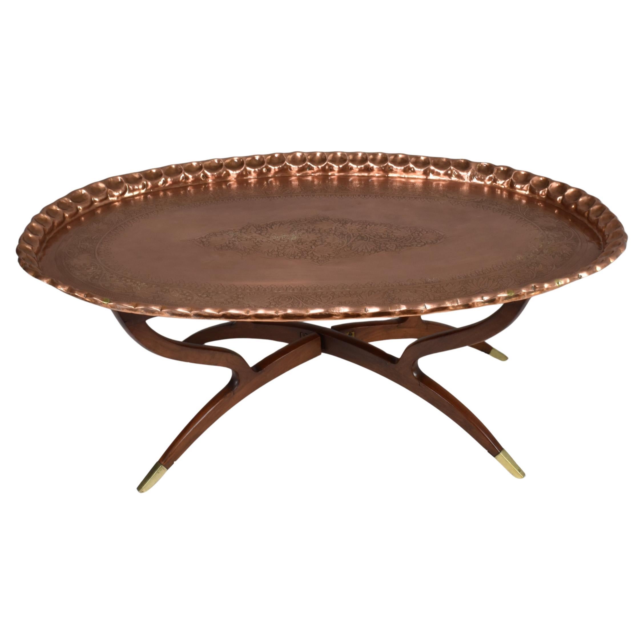 Hand-Etched Brass Moroccan Tray Table on Collapsible Base, c. 1960s For Sale