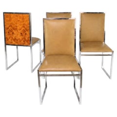Set of Four Italian Chrome, Burl Wood and Leather Dining Chairs, 1970s