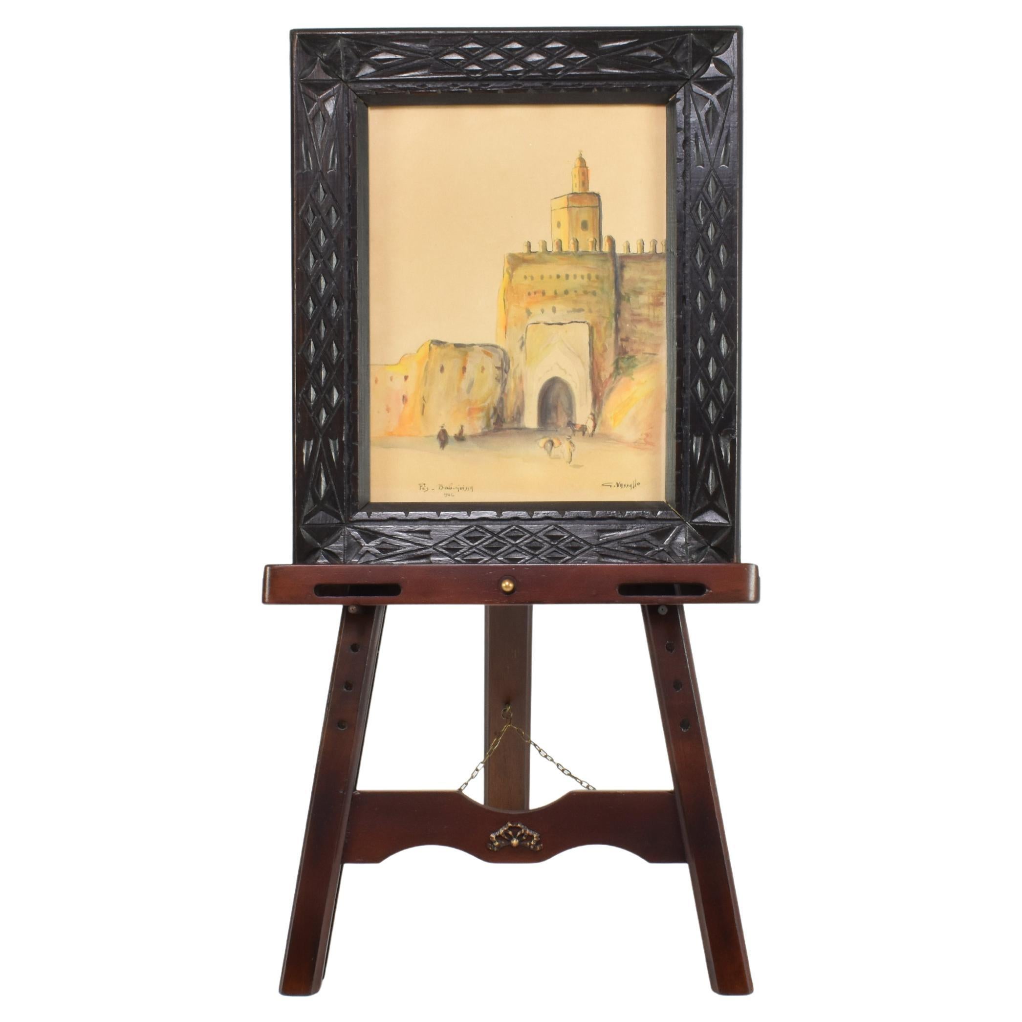1970s Italian Folding Table Easel in Wood and Brass