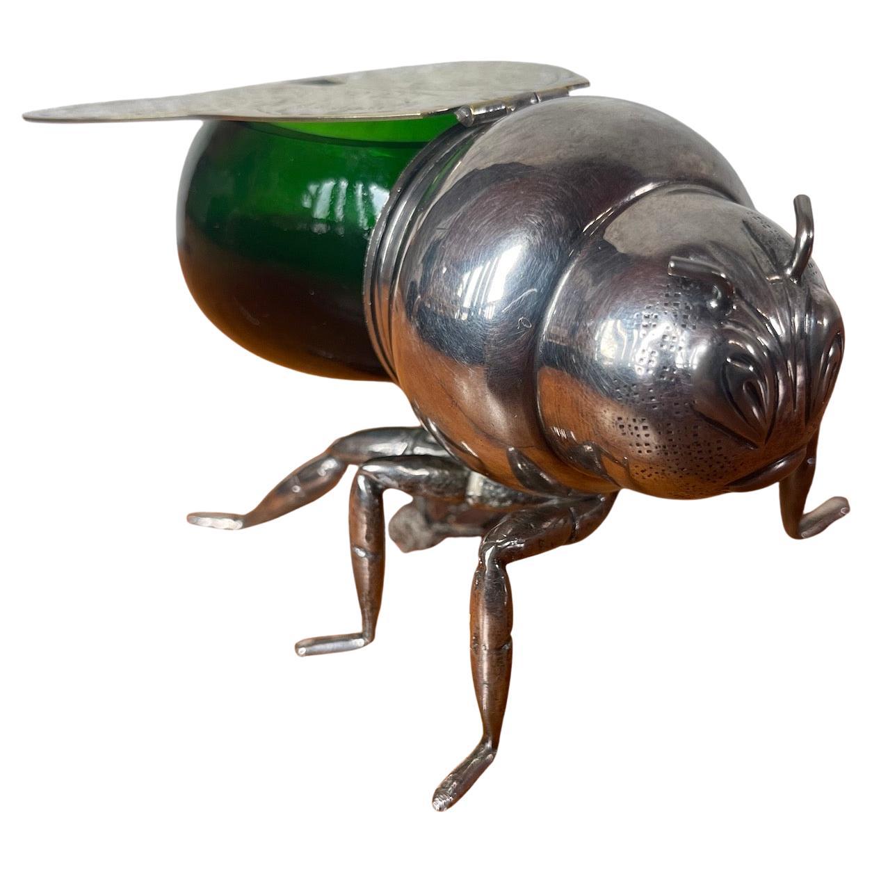 English Silver-Plated and Green Glass Bee Honey Pot, circa 1900 For Sale