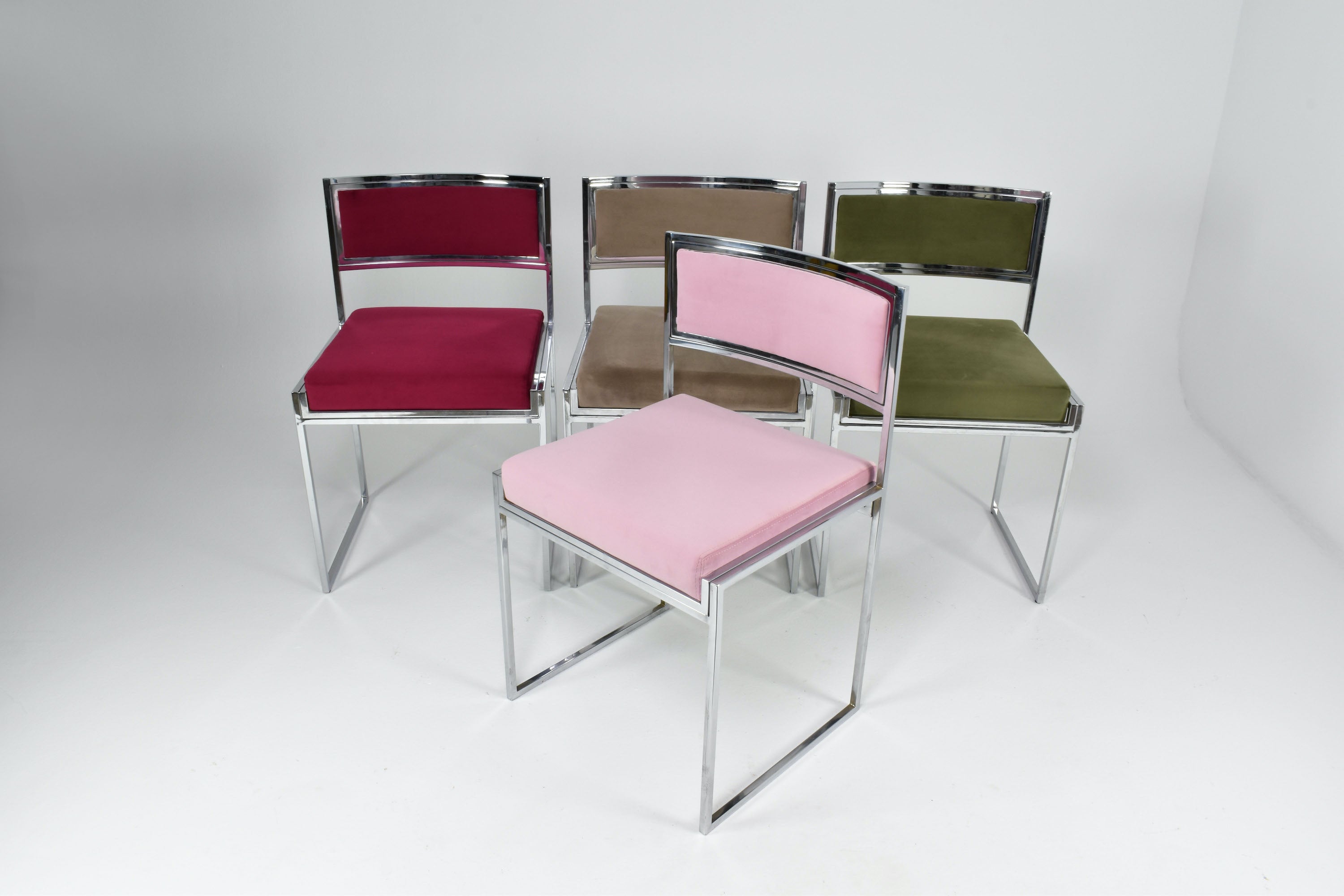 Set of “SQ-AL” Dining Chairs by Willy Rizzo, Chrome and Velvet, Italy, 1970s