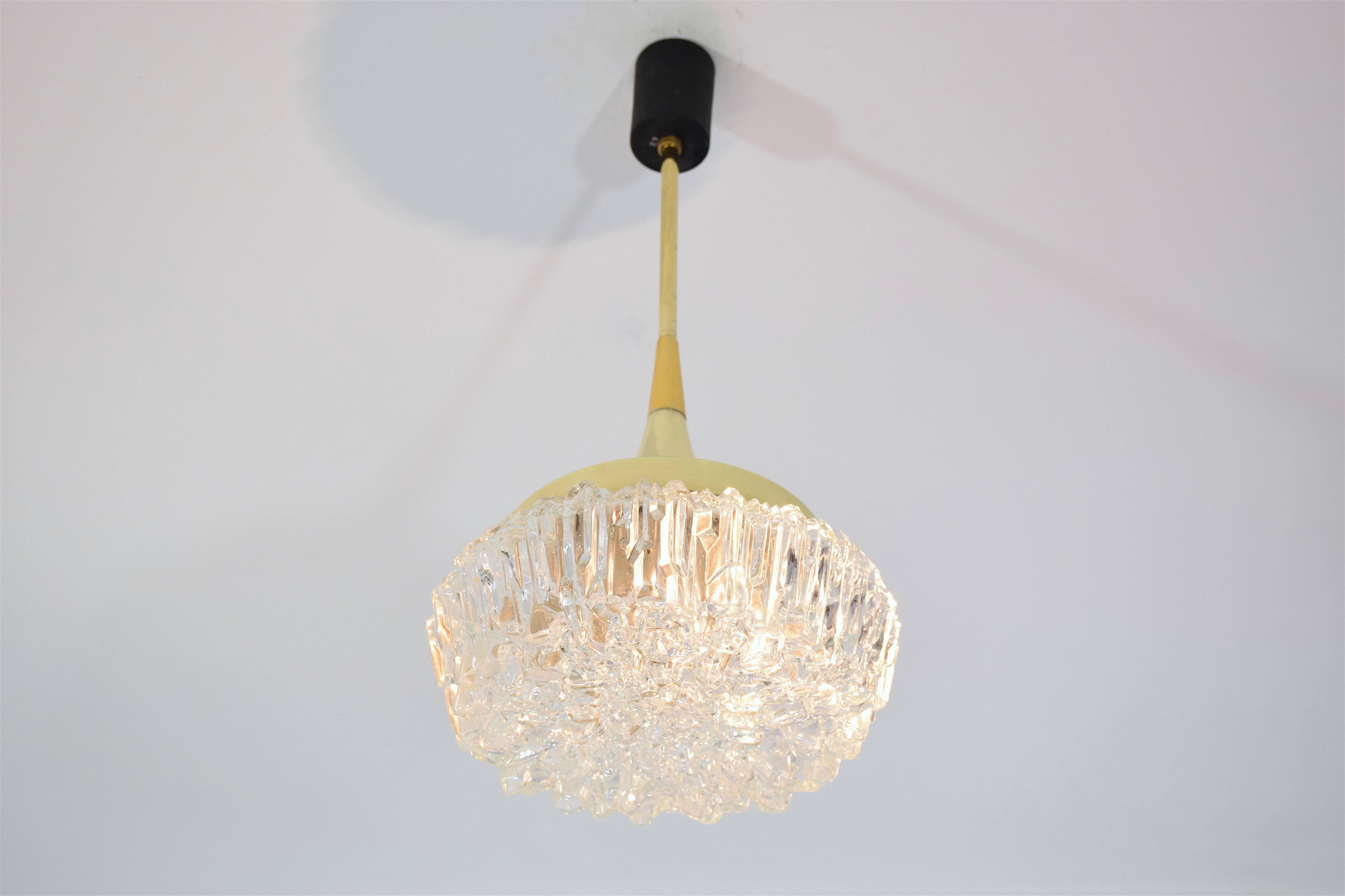 20th Century French Mid-Century Brass Glass Pendant Light Attributed to Arlus, 1950s