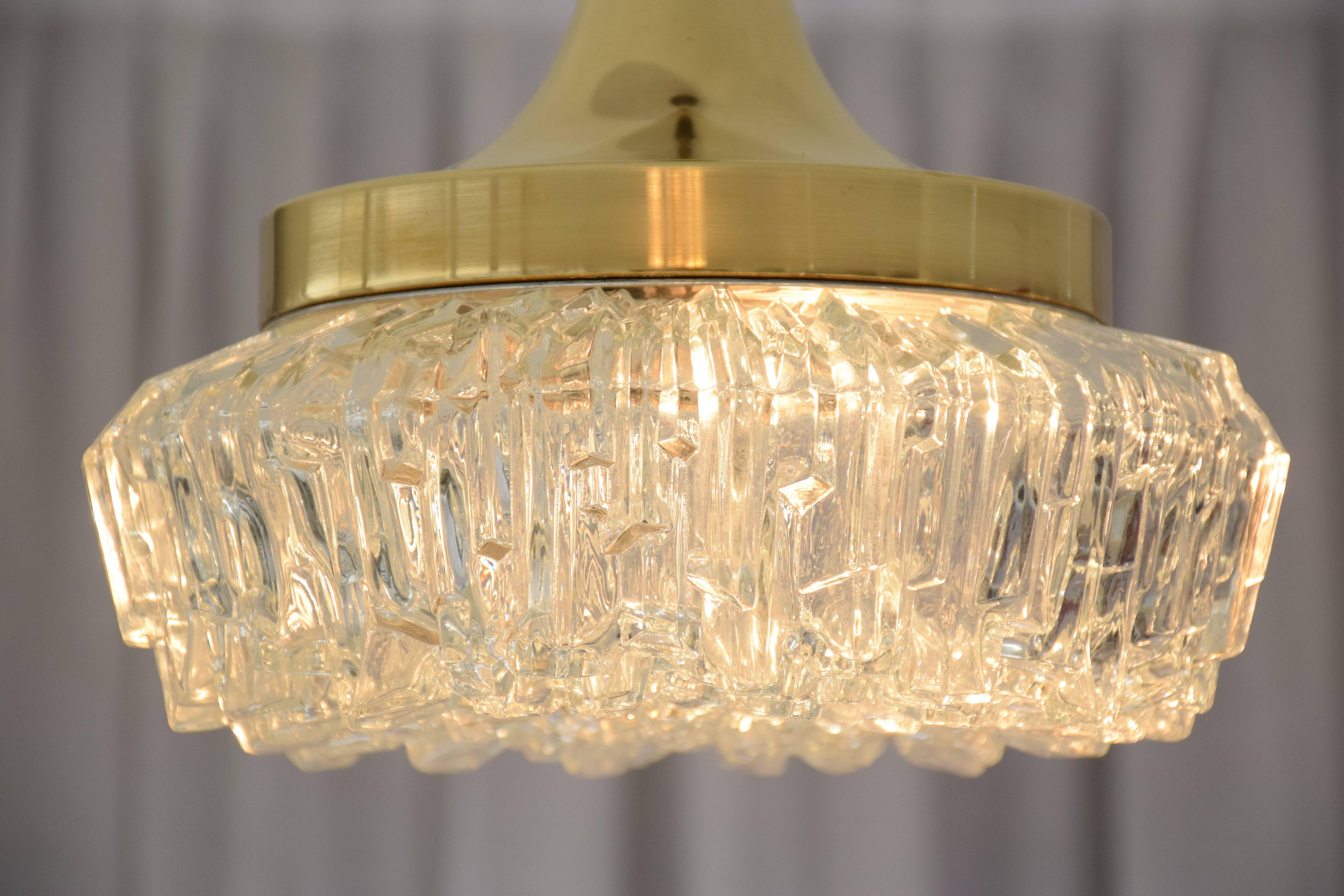 French Mid-Century Brass Glass Pendant Light Attributed to Arlus, 1950s 1