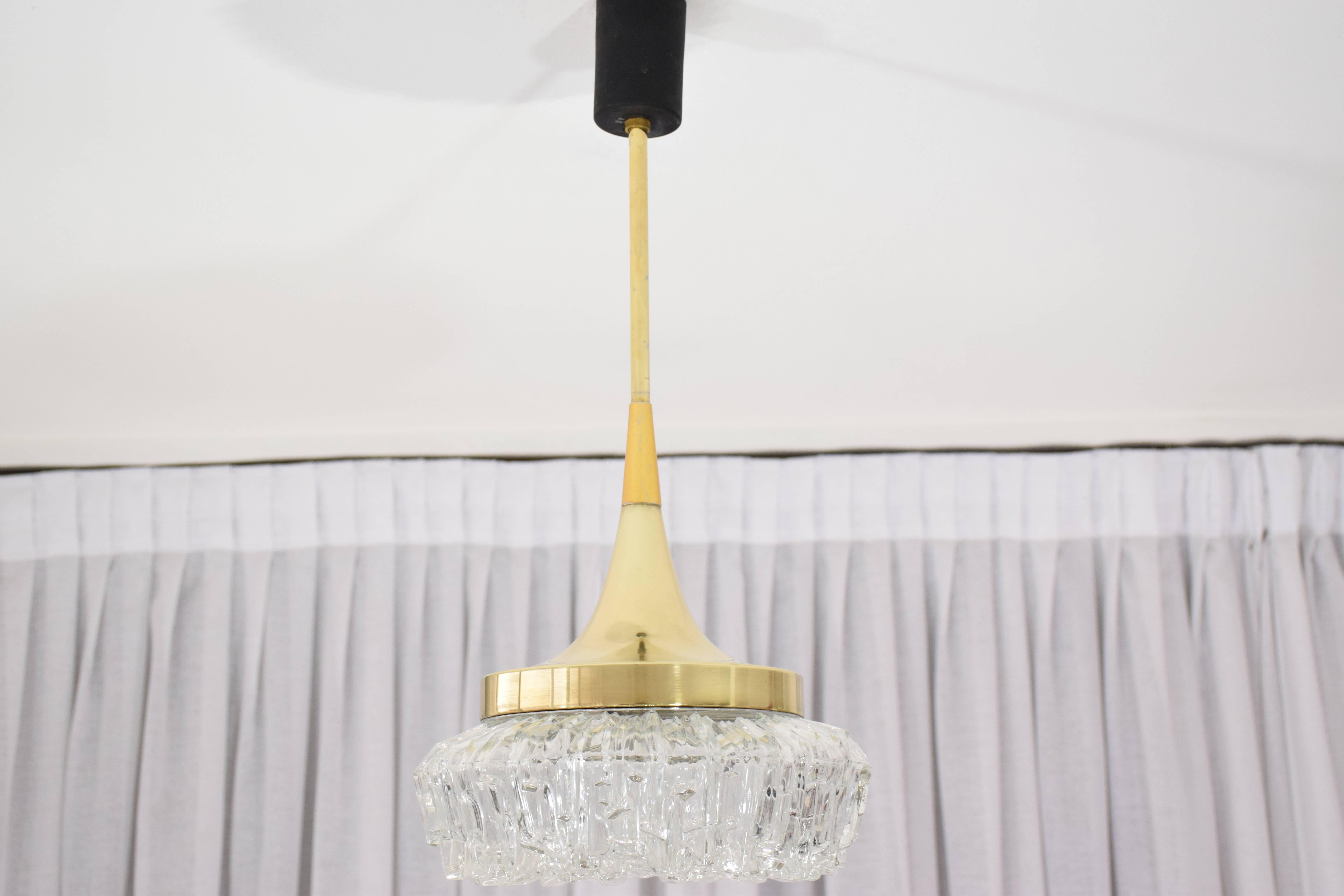 French Mid-Century Brass Glass Pendant Light Attributed to Arlus, 1950s In Good Condition In Paris, FR