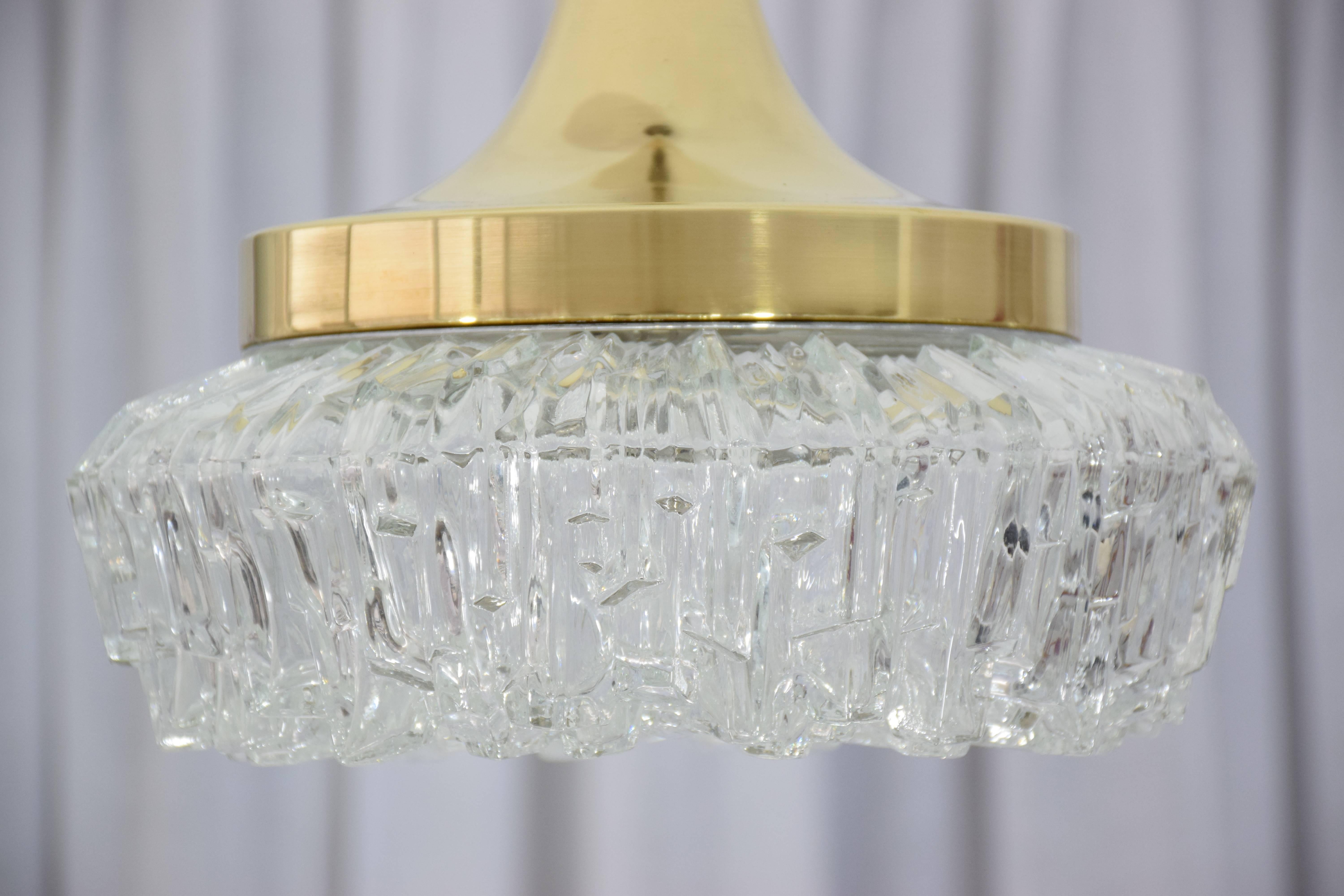 French Mid-Century Brass Glass Pendant Light Attributed to Arlus, 1950s 3