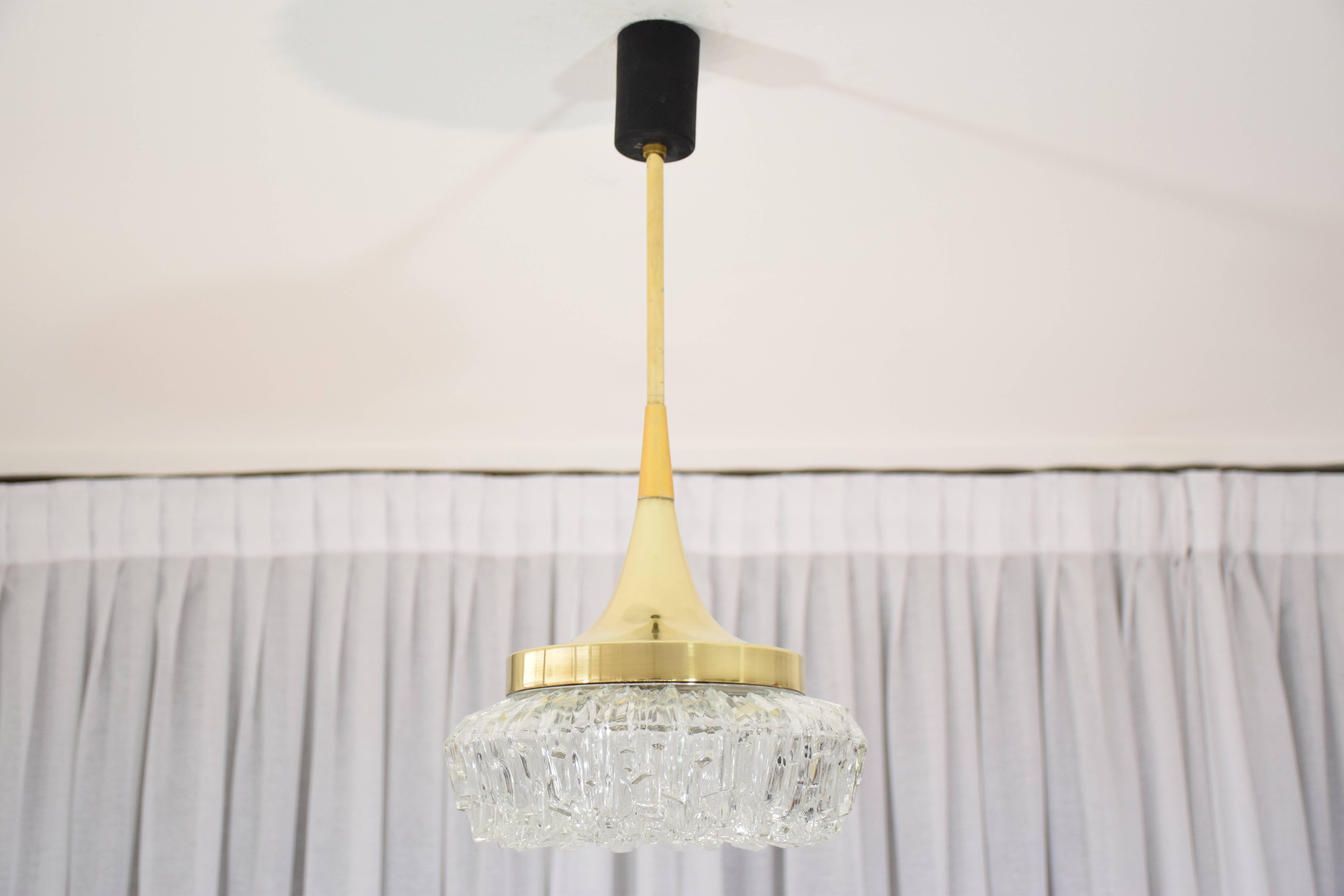 Mid-Century Modern French Mid-Century Brass Glass Pendant Light Attributed to Arlus, 1950s