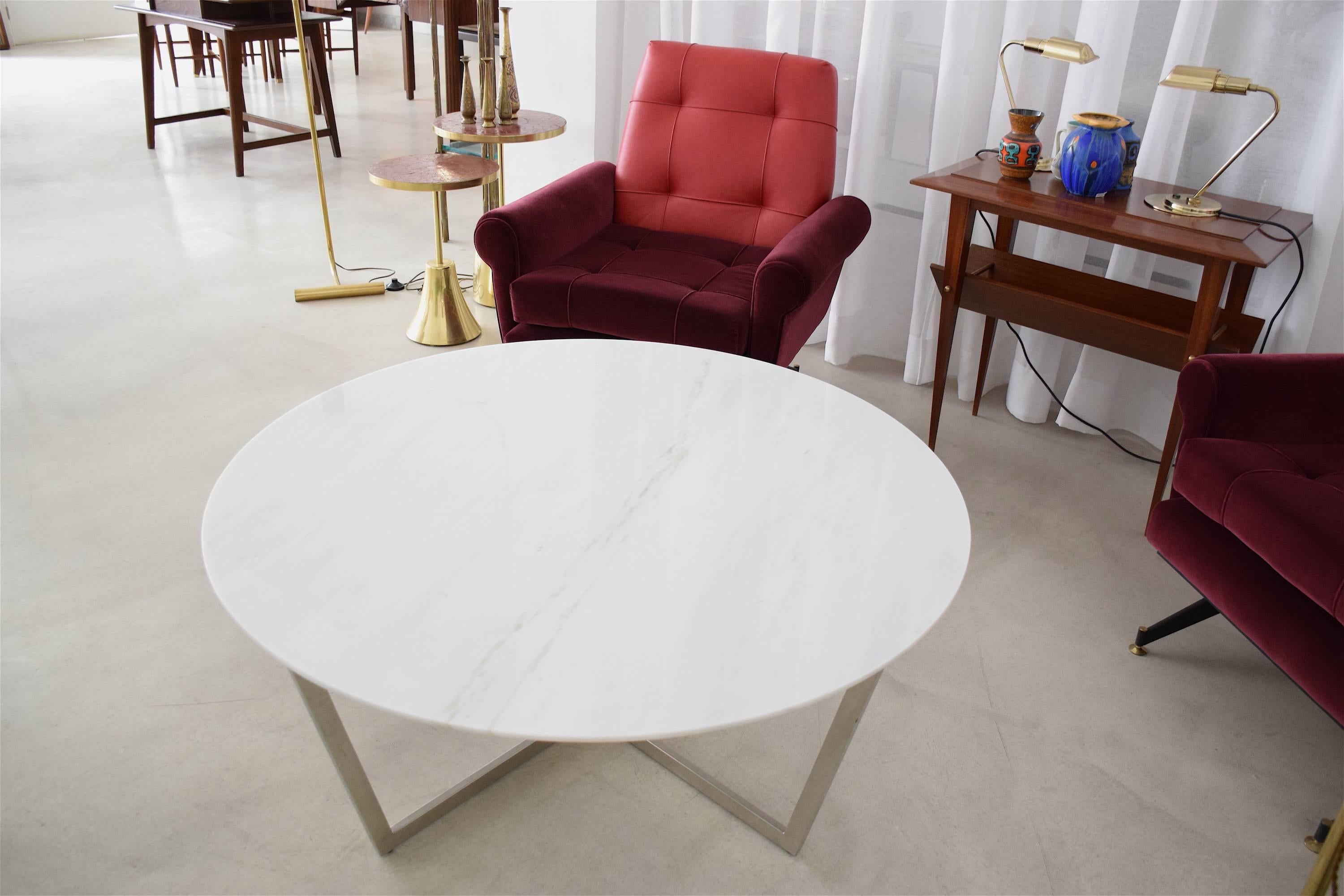 Mid-Century Modern French Vintage Circular Marble Steel Coffee Table, 1970's