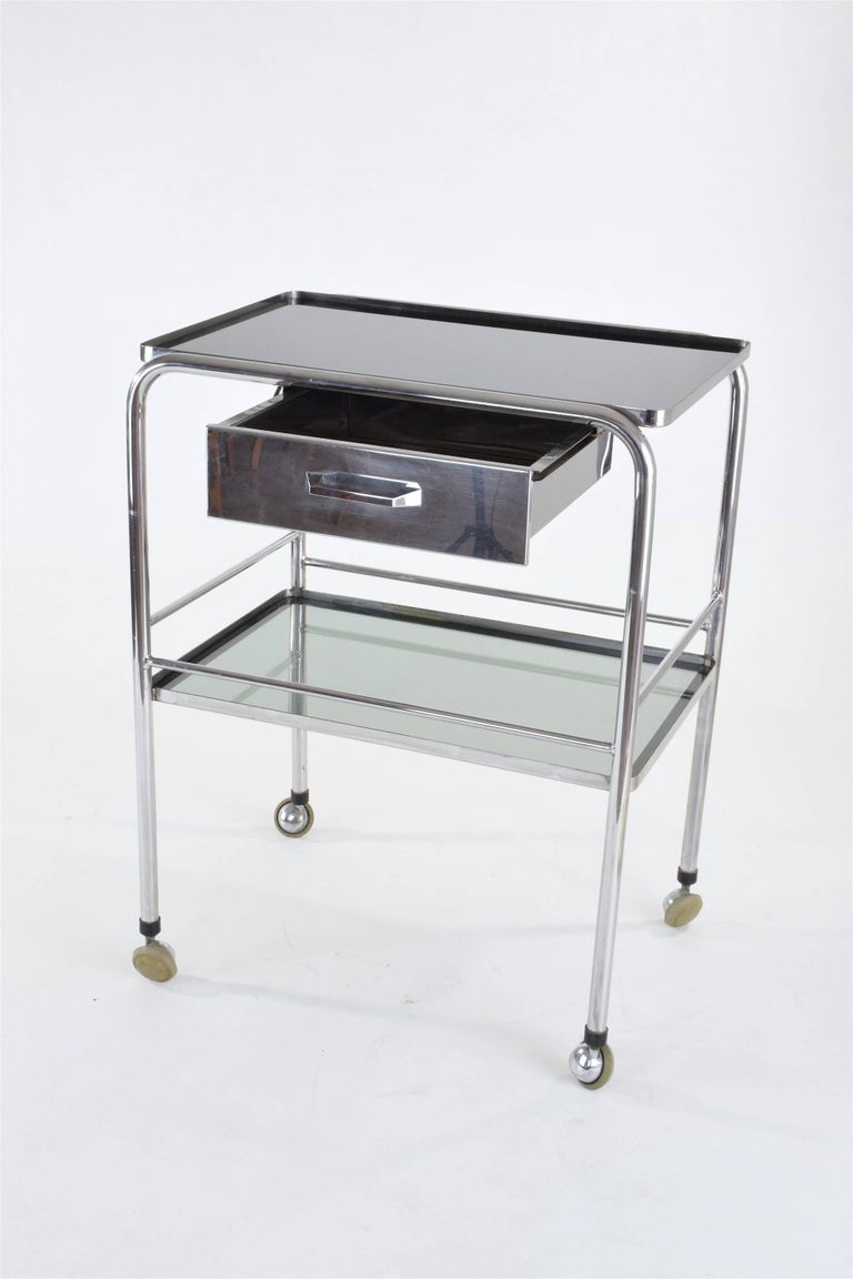 Vintage Medical Cart with Glass Shelves and Rollers, France, 1960s For