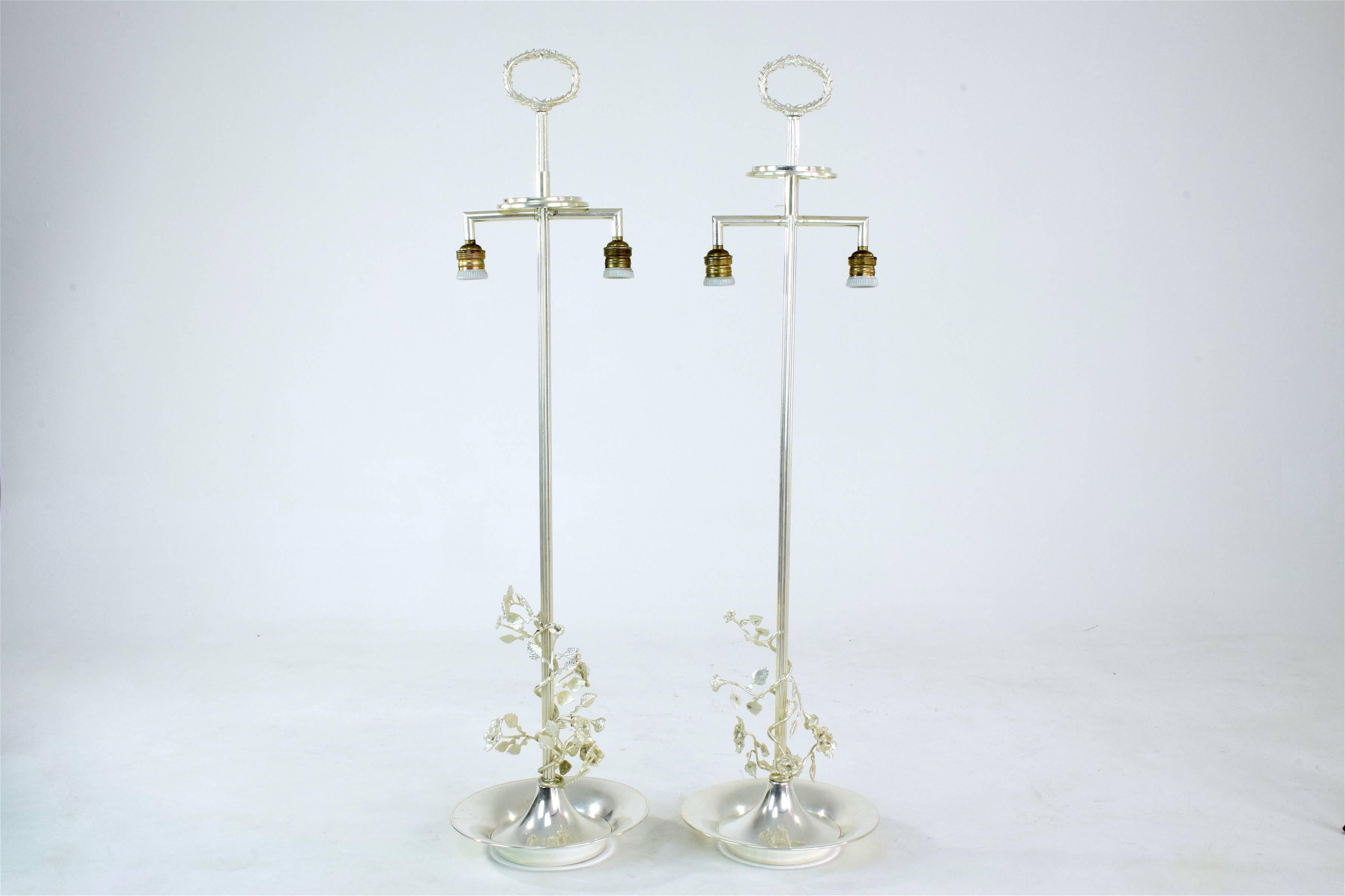 20th Century Pair of Silver Plated Flower Lamps, Spain, 1960s For Sale 1