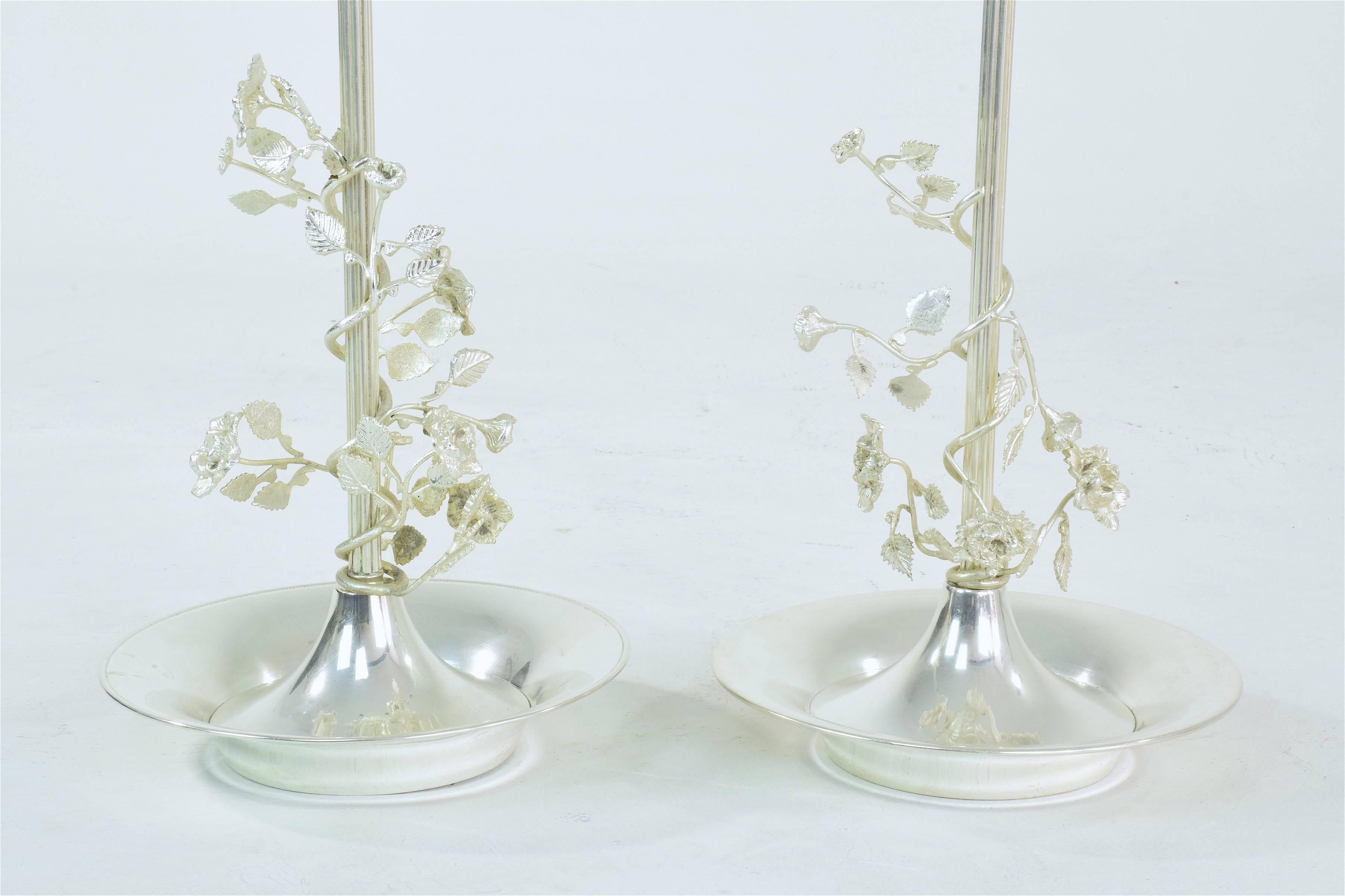 20th Century Pair of Silver Plated Flower Lamps, Spain, 1960s For Sale 2