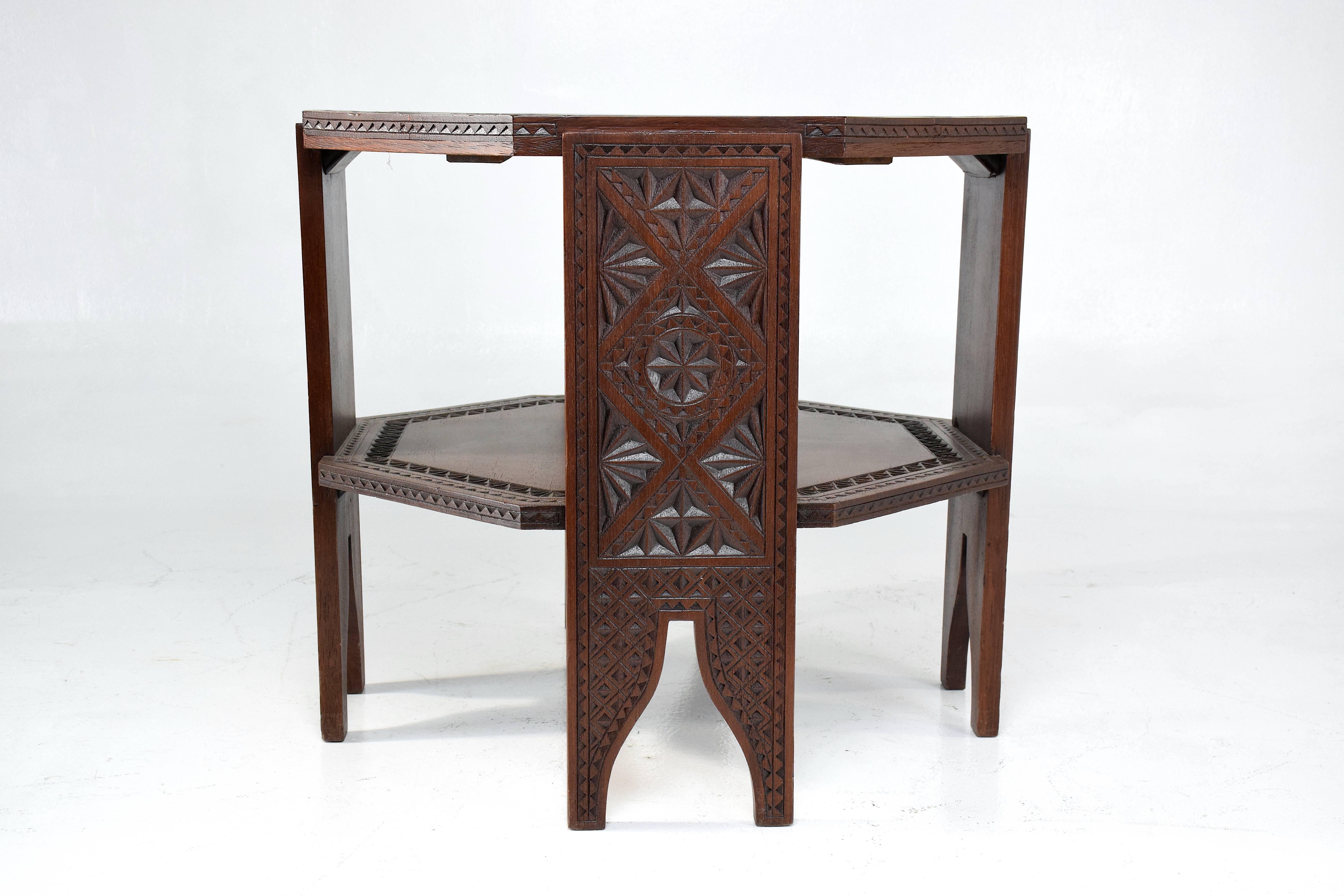 Hand-Carved 20th Century Vintage Moorish Armchairs and Table, Set of Five, 1930s