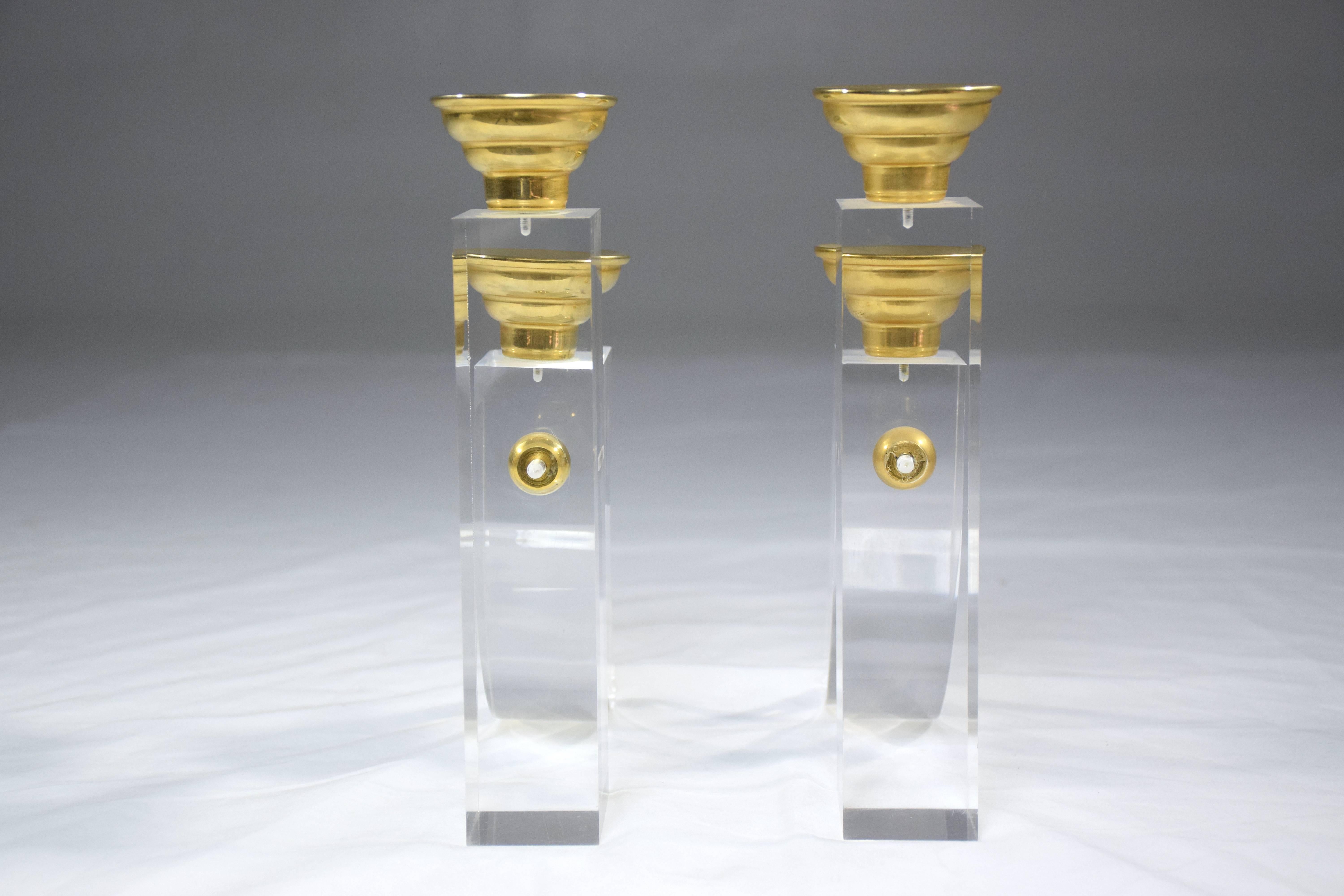 French Pair of Vintage Plexiglass Candlesticks or Bookends, 1970s 2