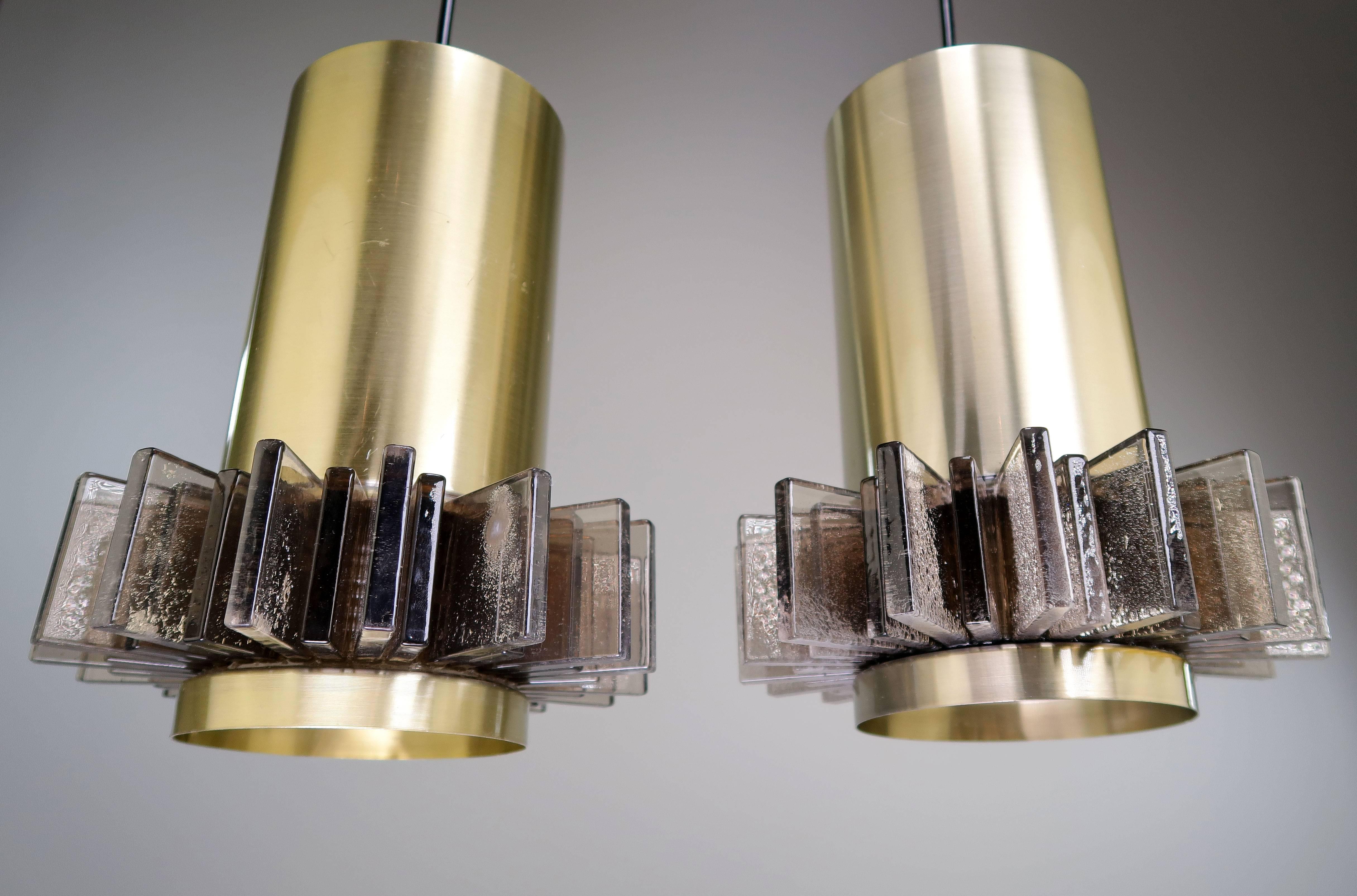 Polished Claus Bolby Danish Modern Space Age Brass and Grey Acrylic Pendants, 1970s