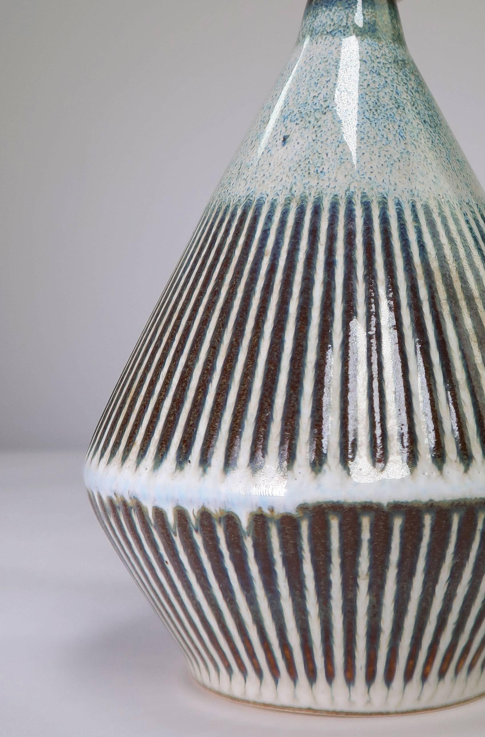 Glazed Soholm Pottery Danish Modern Handmade Sage Stoneware Lamp with Stripes, 1960s