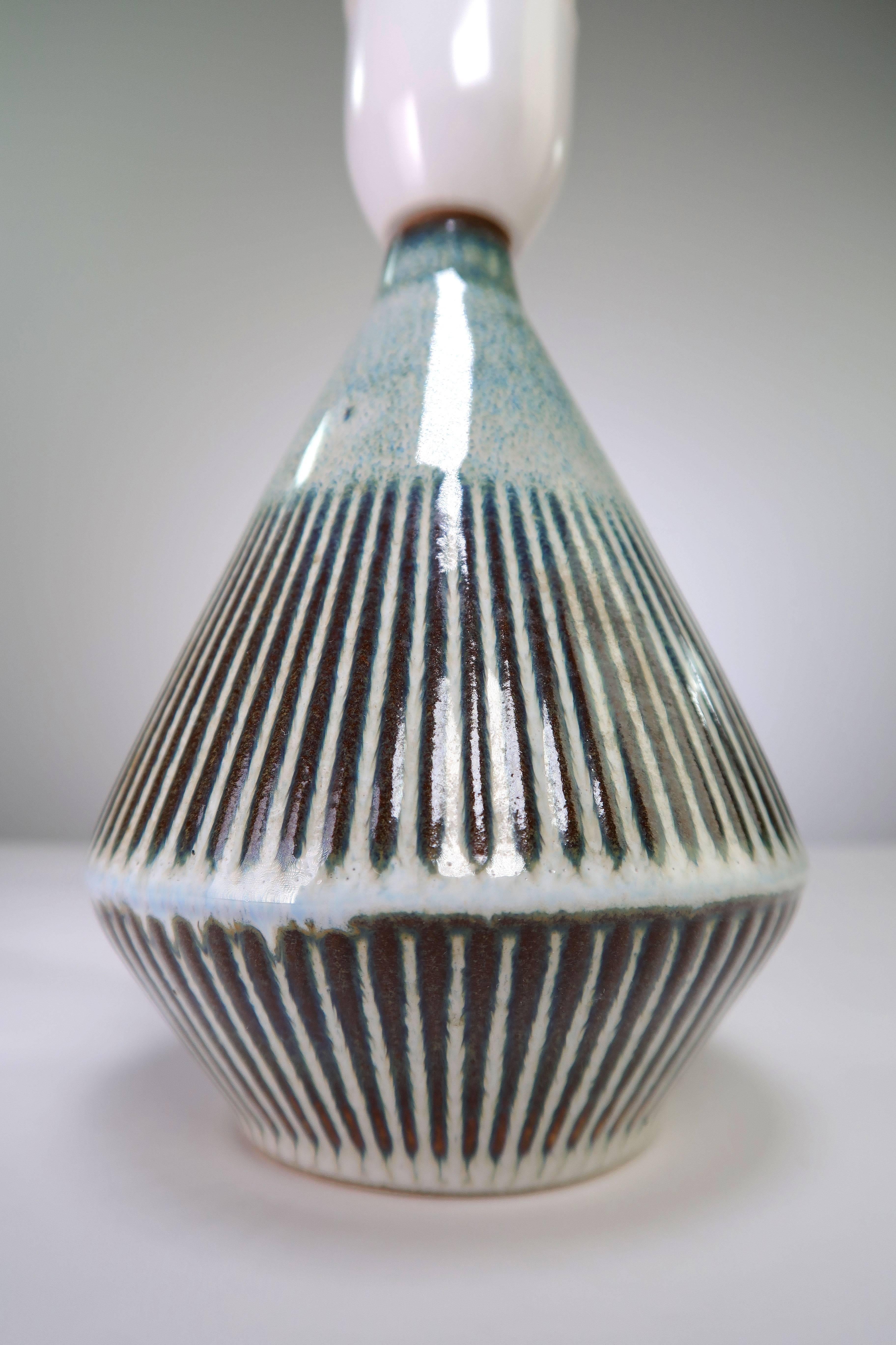 Mid-Century Modern Soholm Pottery Danish Modern Handmade Sage Stoneware Lamp with Stripes, 1960s