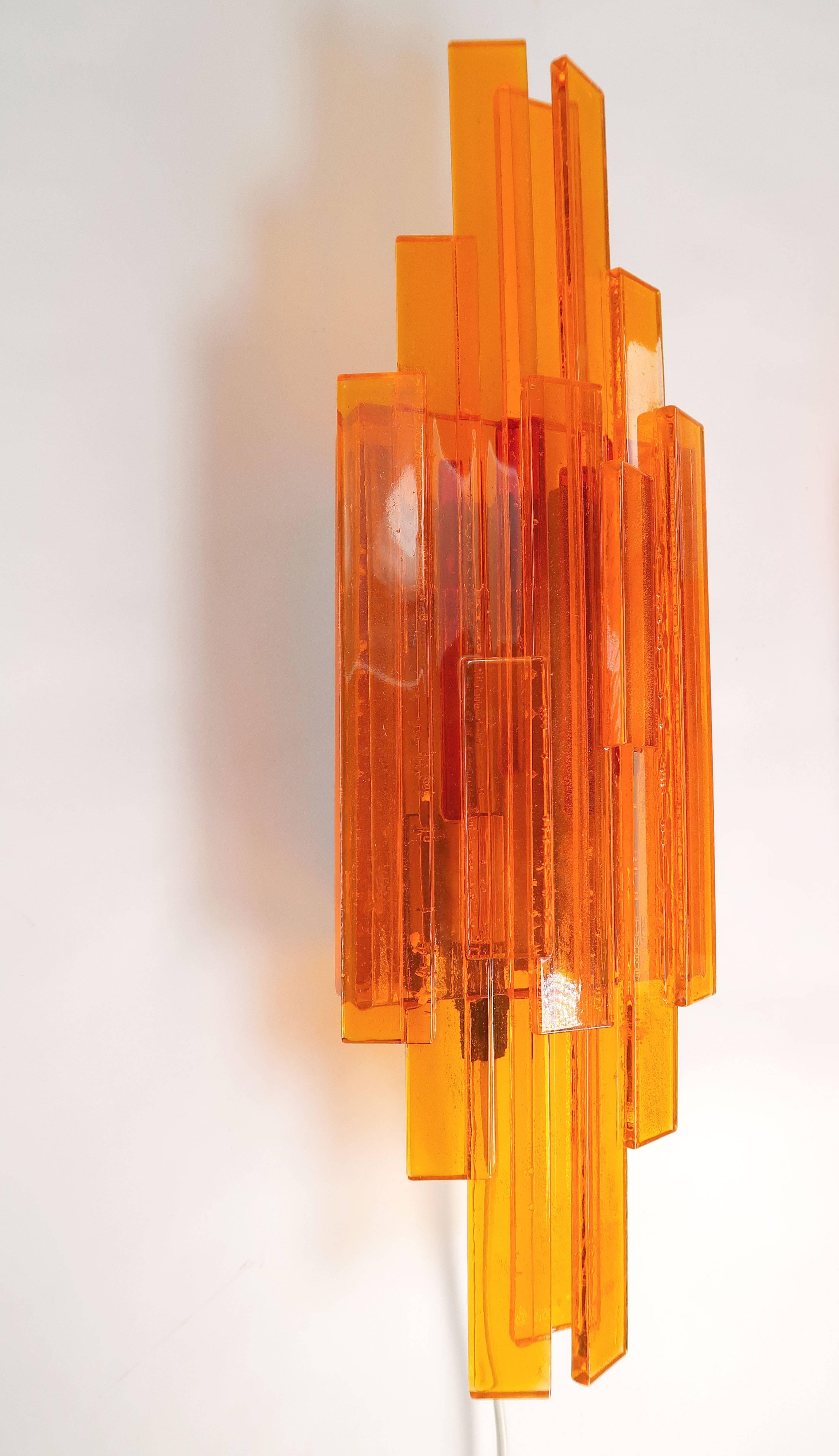 Late 20th Century Trio of Danish Space Age Orange Acrylic Wall Lights by Claus Bolby, 1975