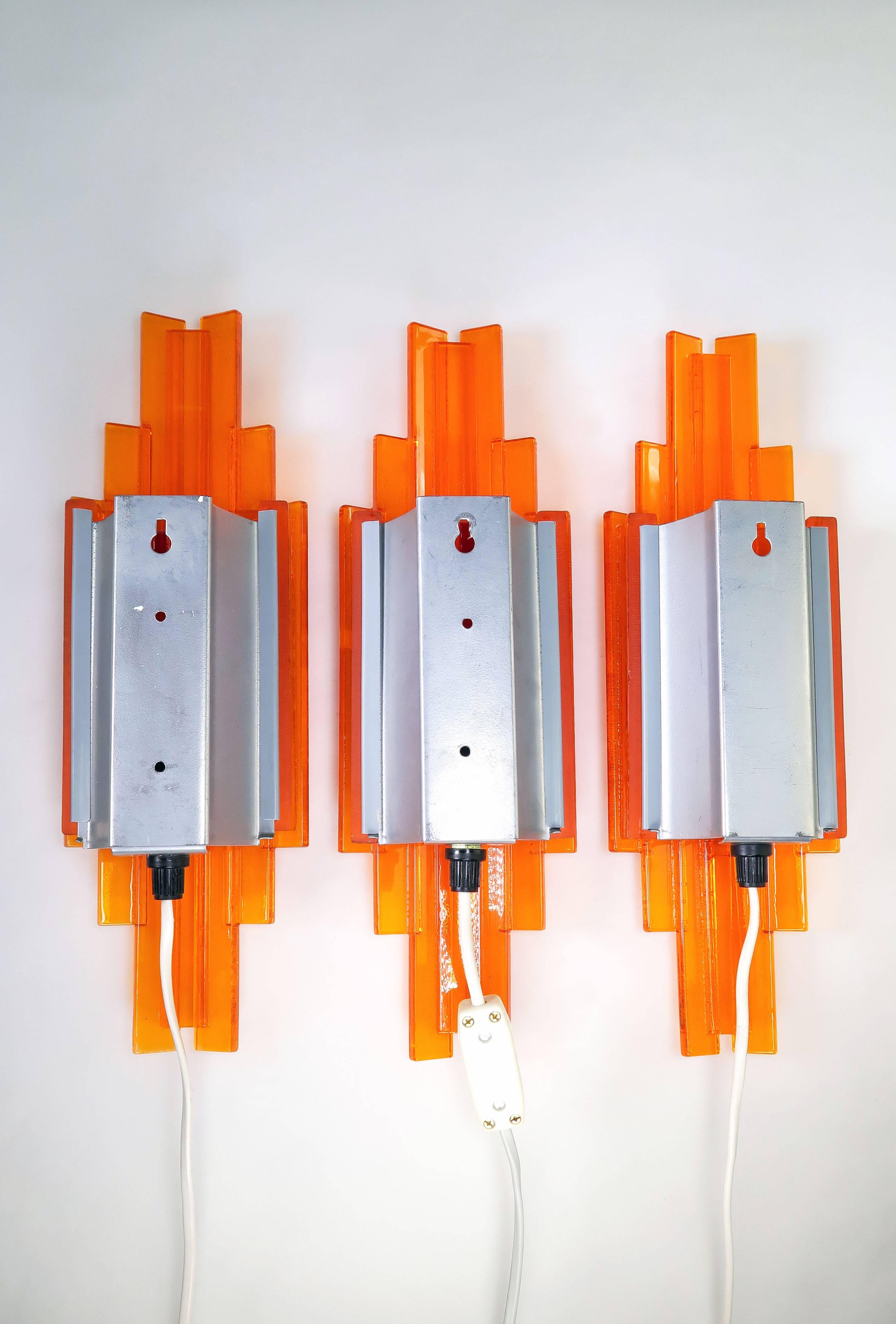 Trio of Danish Space Age Orange Acrylic Wall Lights by Claus Bolby, 1975 3