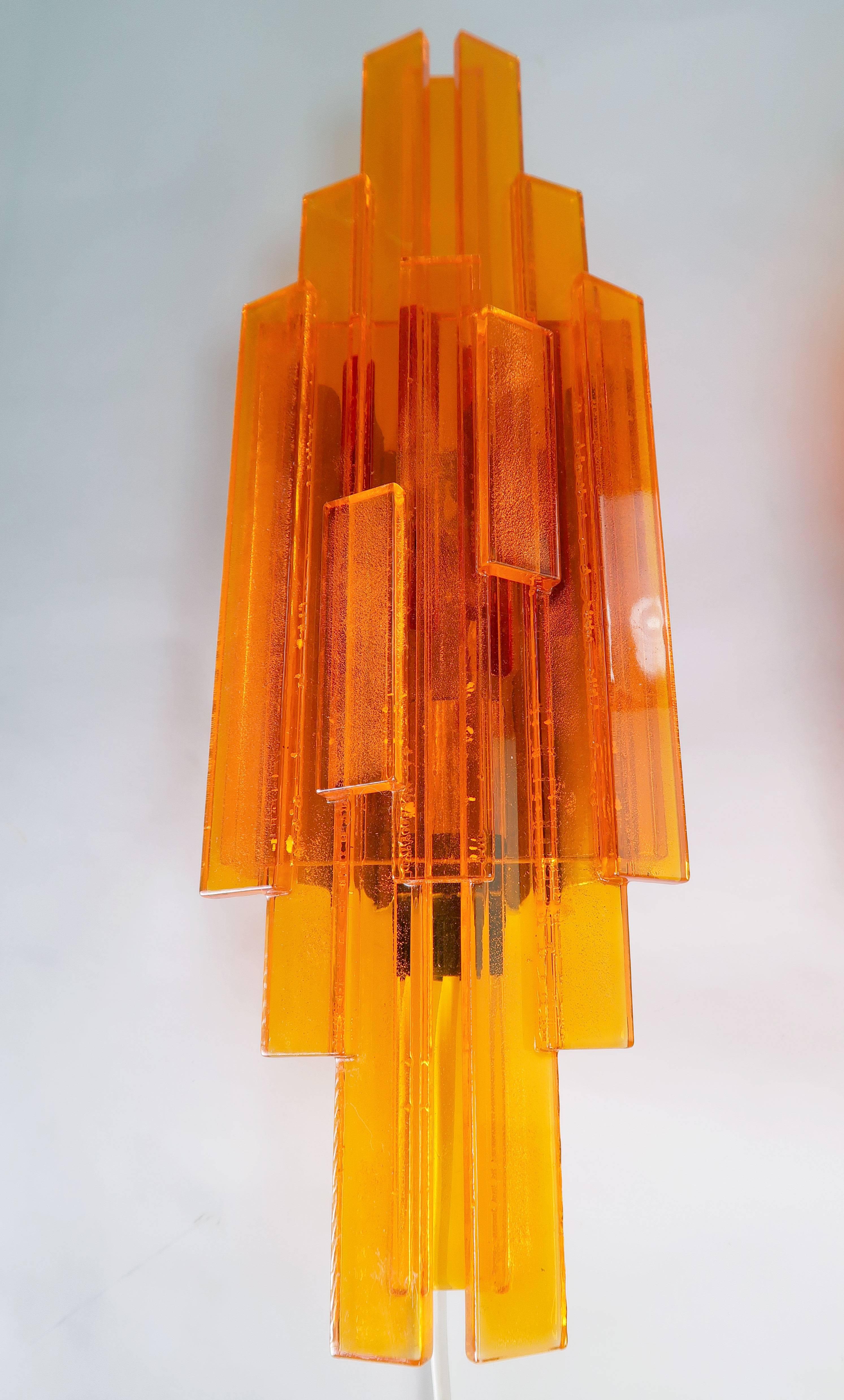 Trio of Danish Space Age Orange Acrylic Wall Lights by Claus Bolby, 1975 In Good Condition In Copenhagen, DK