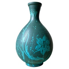 Italienische 1950er Jahre Floral Sea Green Keramik Vase