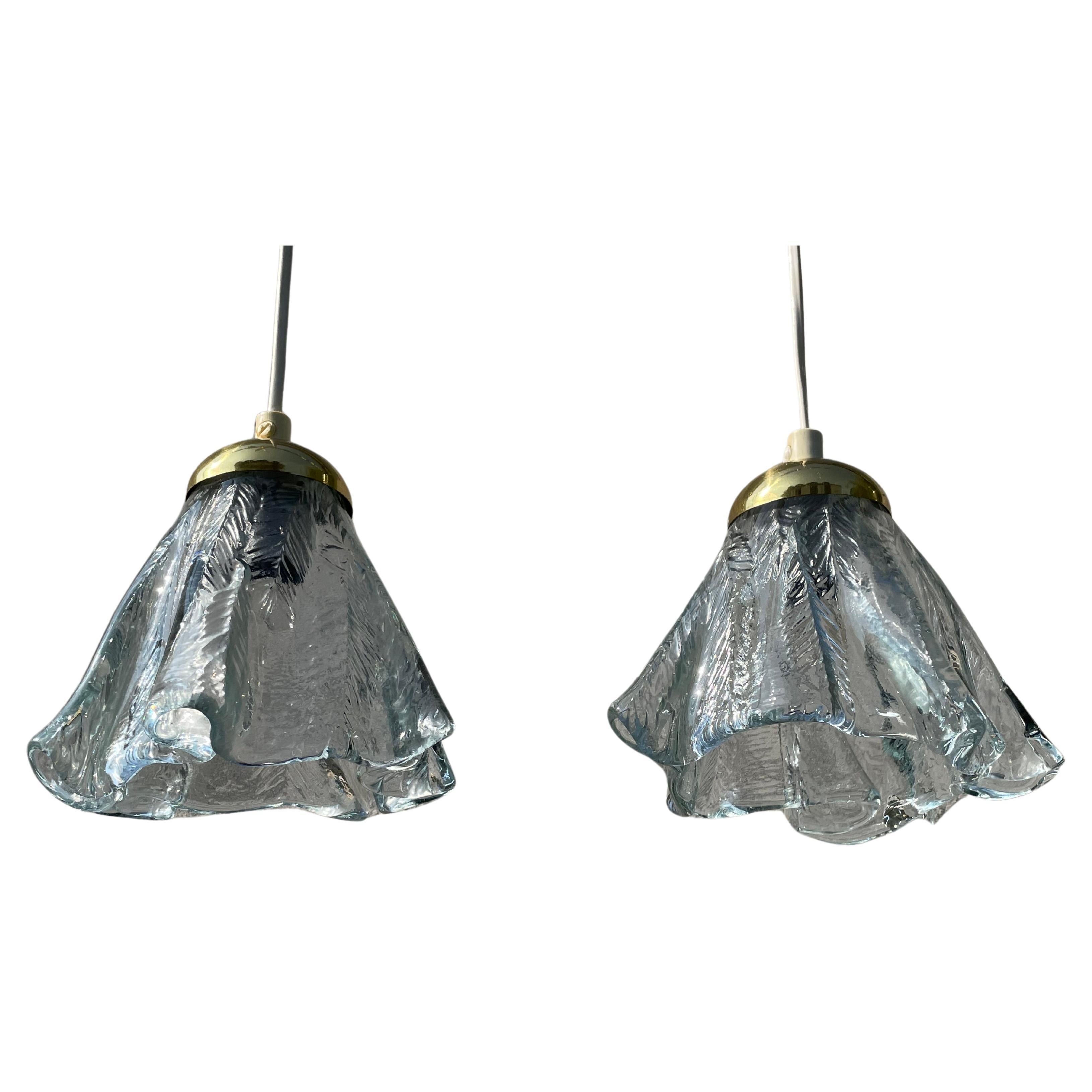 Orrefors Draped Art Glass Pendants on Brass Mount, Sweden, 1960s For Sale
