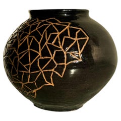 Vintage Hand-Carved Ceramic Vase, Dark Brown Glaze, Denmark, 1980s