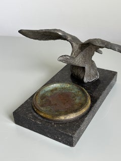 Antique Stone, Bronze, Metal Vide-Poche Desk Set with Large Bird, 1930s
