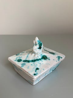 Vintage Ceramic Lidded Box with Squirrel Figure, Aqua Glaze, 1980s