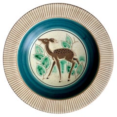 Piatto in ceramica fatto a mano da Einar Johansen, smalto turchese, Danimarca, anni '50