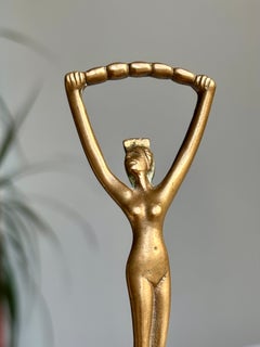 Vintage Brass Bottle Cap Opener, Nude Woman on Globe, 1950s Europe