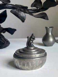 1920s Art Deco Lidded Bowl, Hand-Hammered Tin with Squirrel Handle