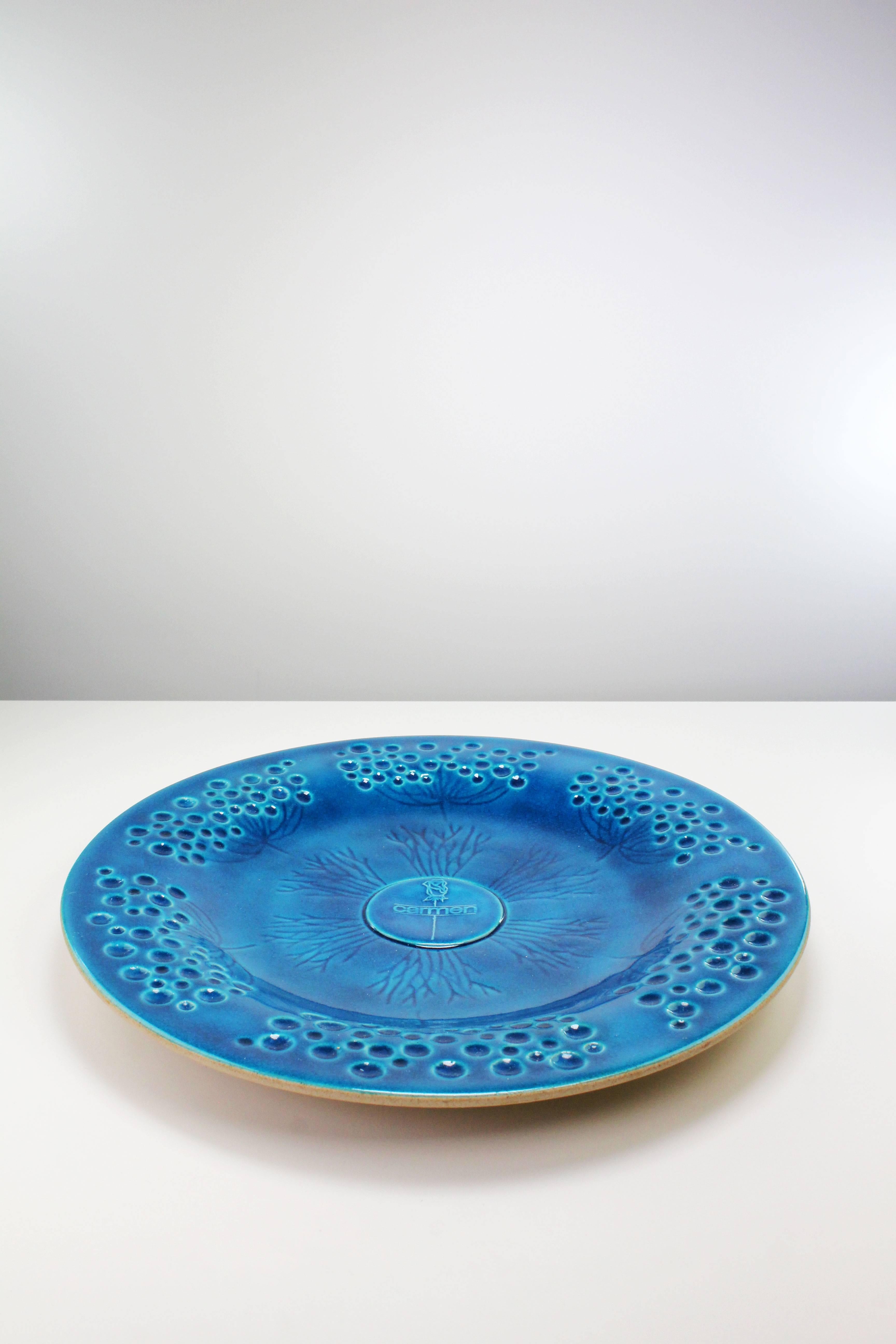 Stunning Danish midcentury modern Kähler handmade centrepiece, dish or wall decoration with glossy organic floral patterns and turquoise glaze - Kähler's signature color. The name Carmen is written in the middle accompanied by a long stemmed rose.