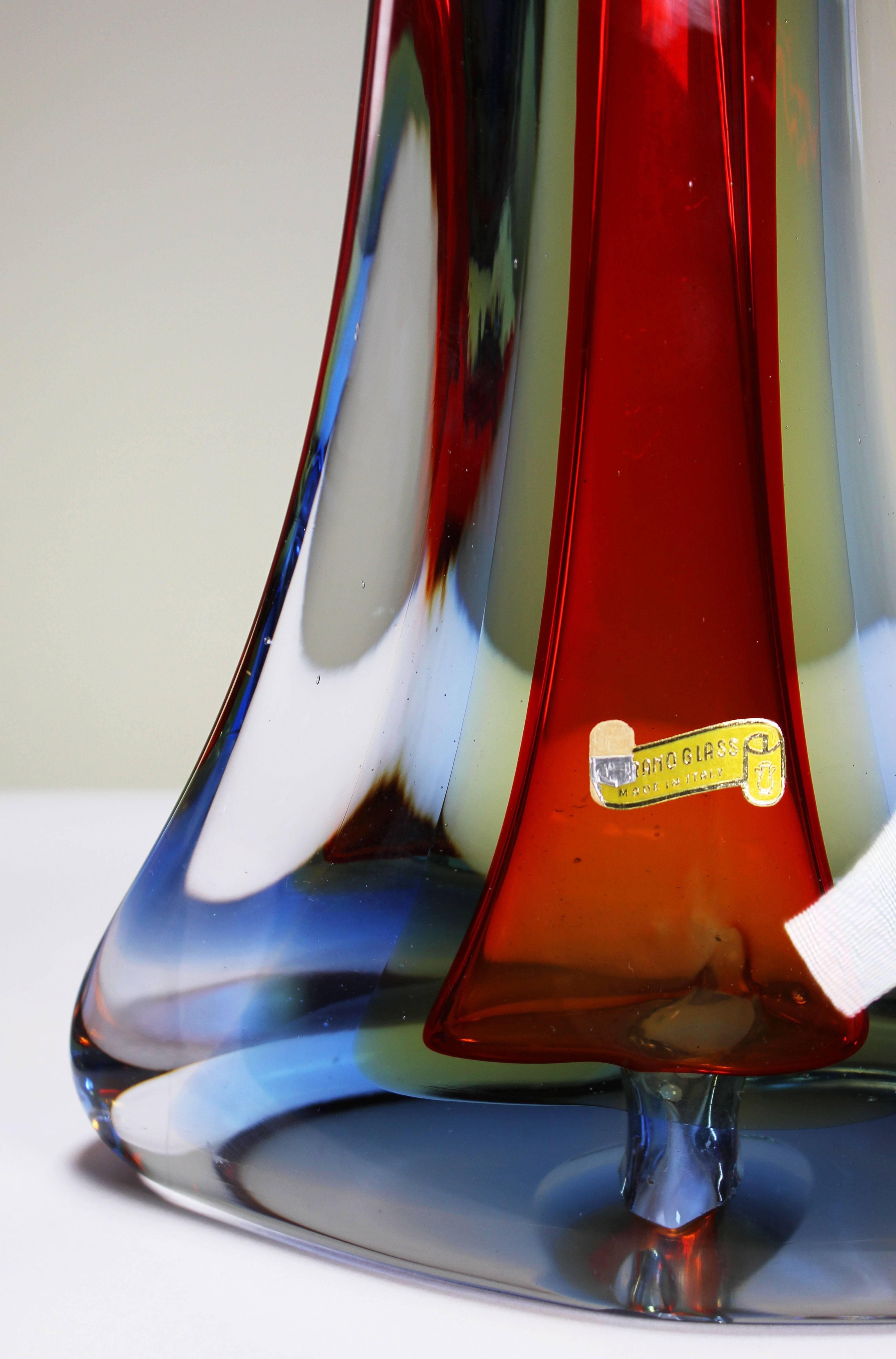 Pair of Murano Red, Blue and Yellow Crystal Sommerso Table Lamps, 1960s In Good Condition In Copenhagen, DK