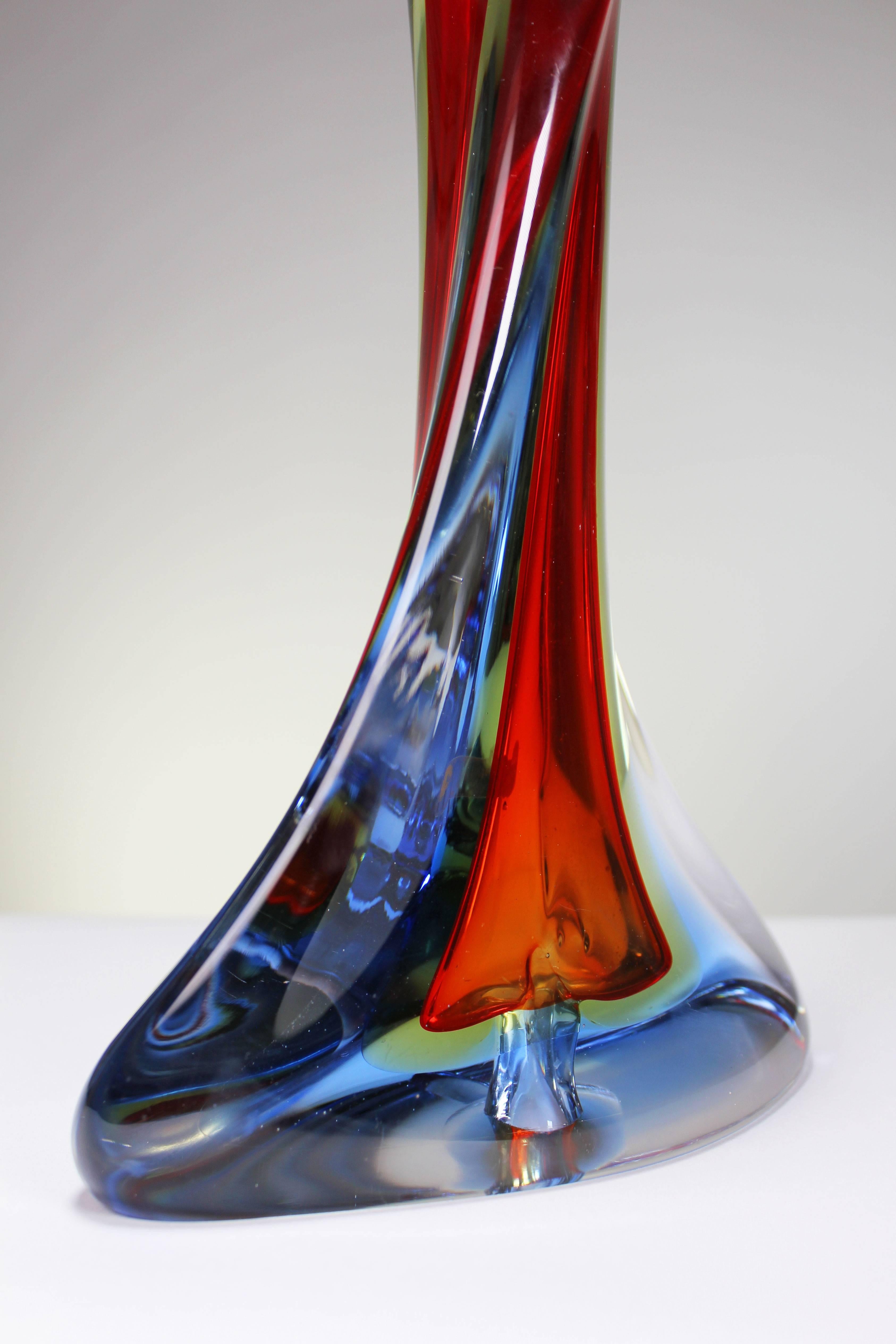 Mid-20th Century Pair of Murano Red, Blue and Yellow Crystal Sommerso Table Lamps, 1960s