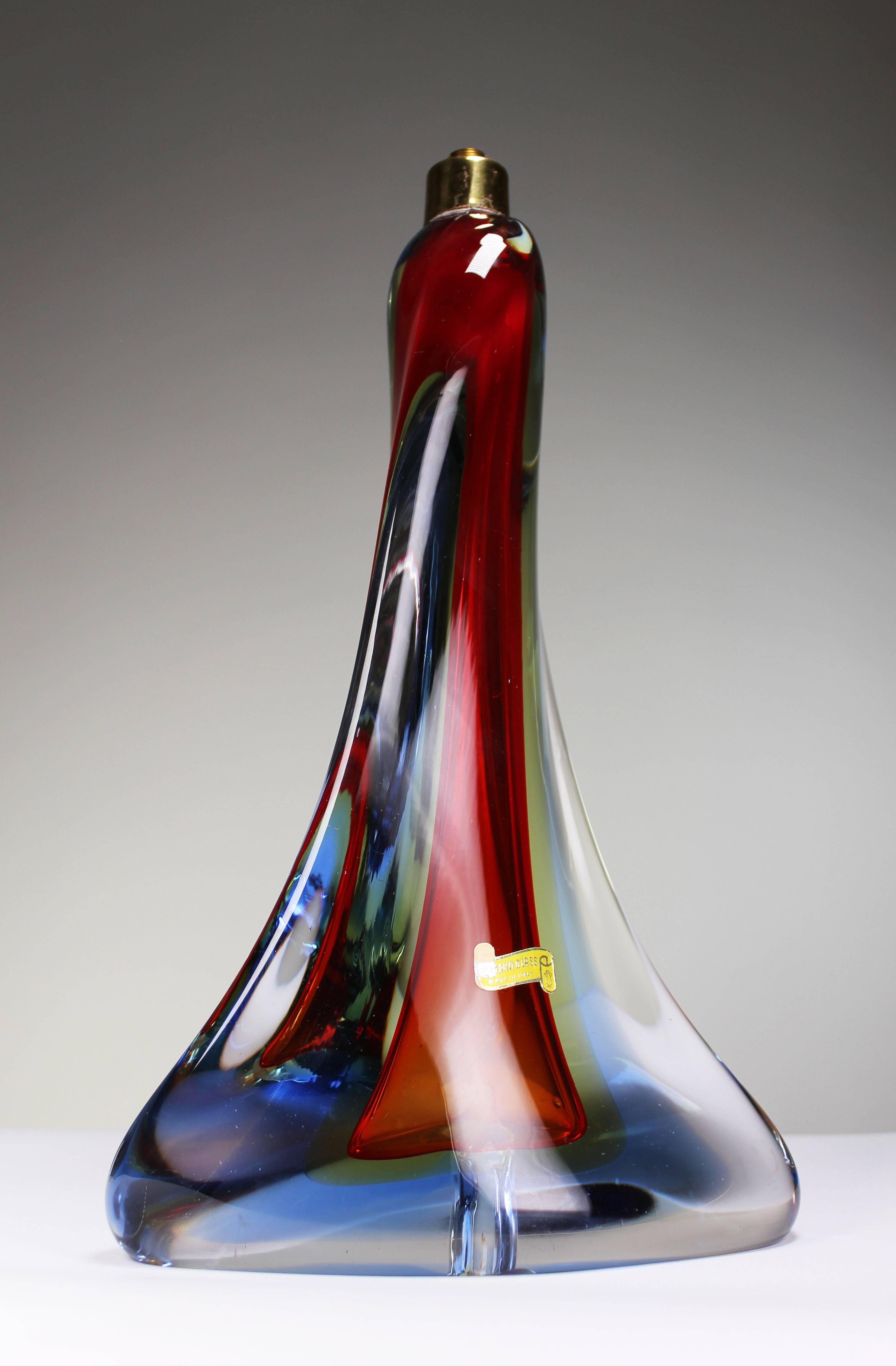 Mid-Century Modern Pair of Murano Red, Blue and Yellow Crystal Sommerso Table Lamps, 1960s