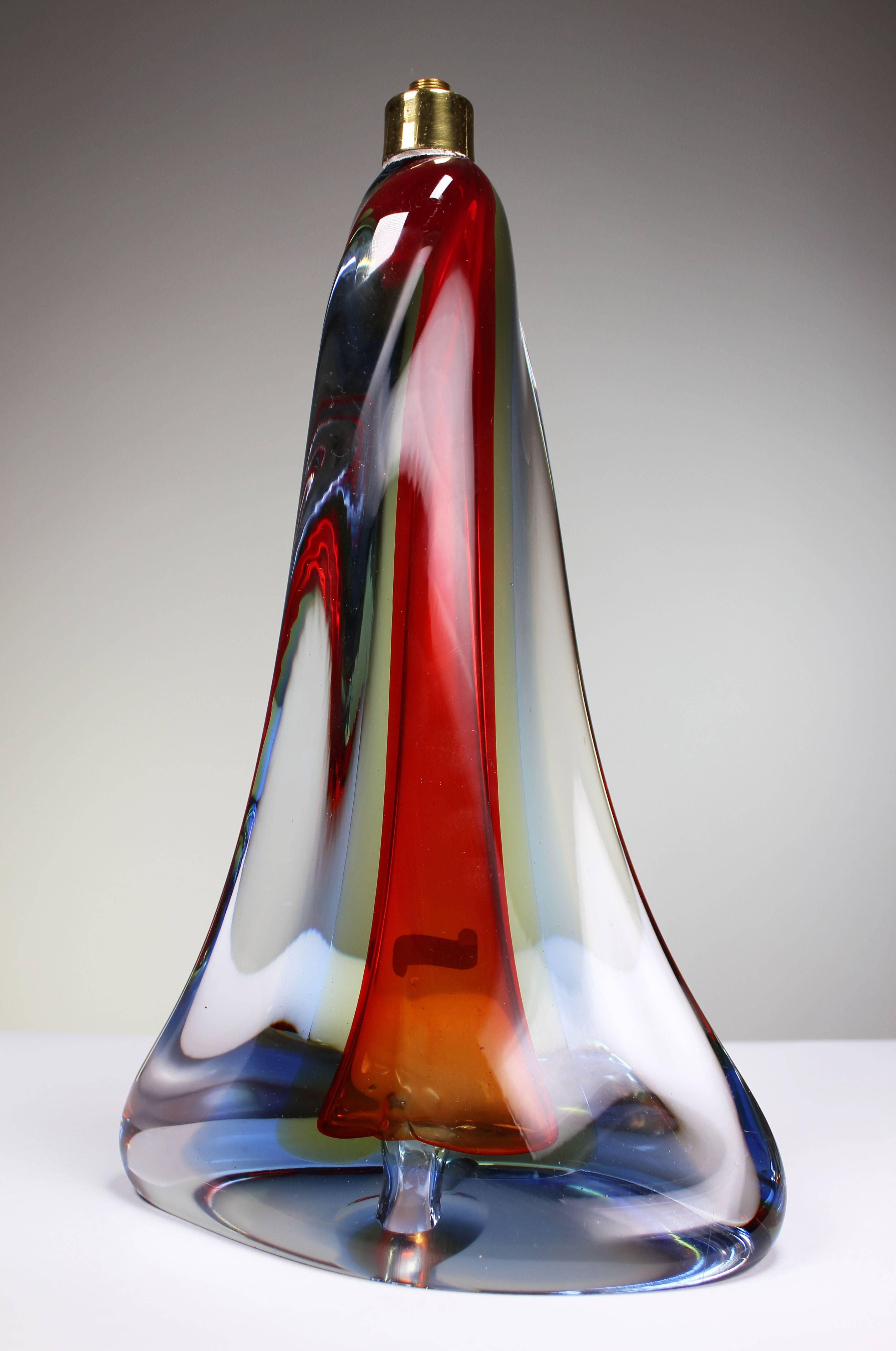 Italian Pair of Murano Red, Blue and Yellow Crystal Sommerso Table Lamps, 1960s