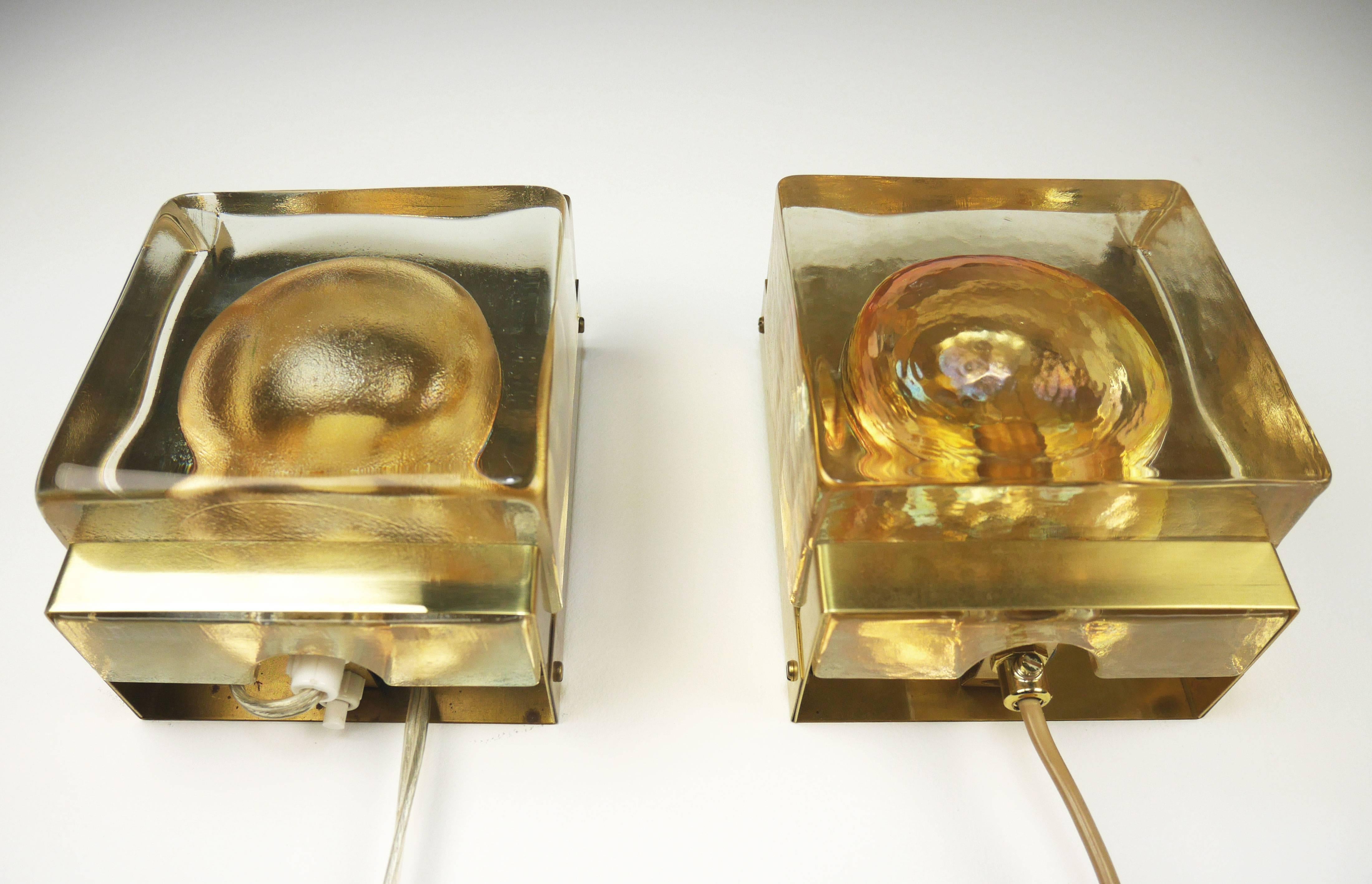 Mid-Century Modern Vitrika Danish Modern Maritim Solid Glass and Brass Wall Lights, 1960s