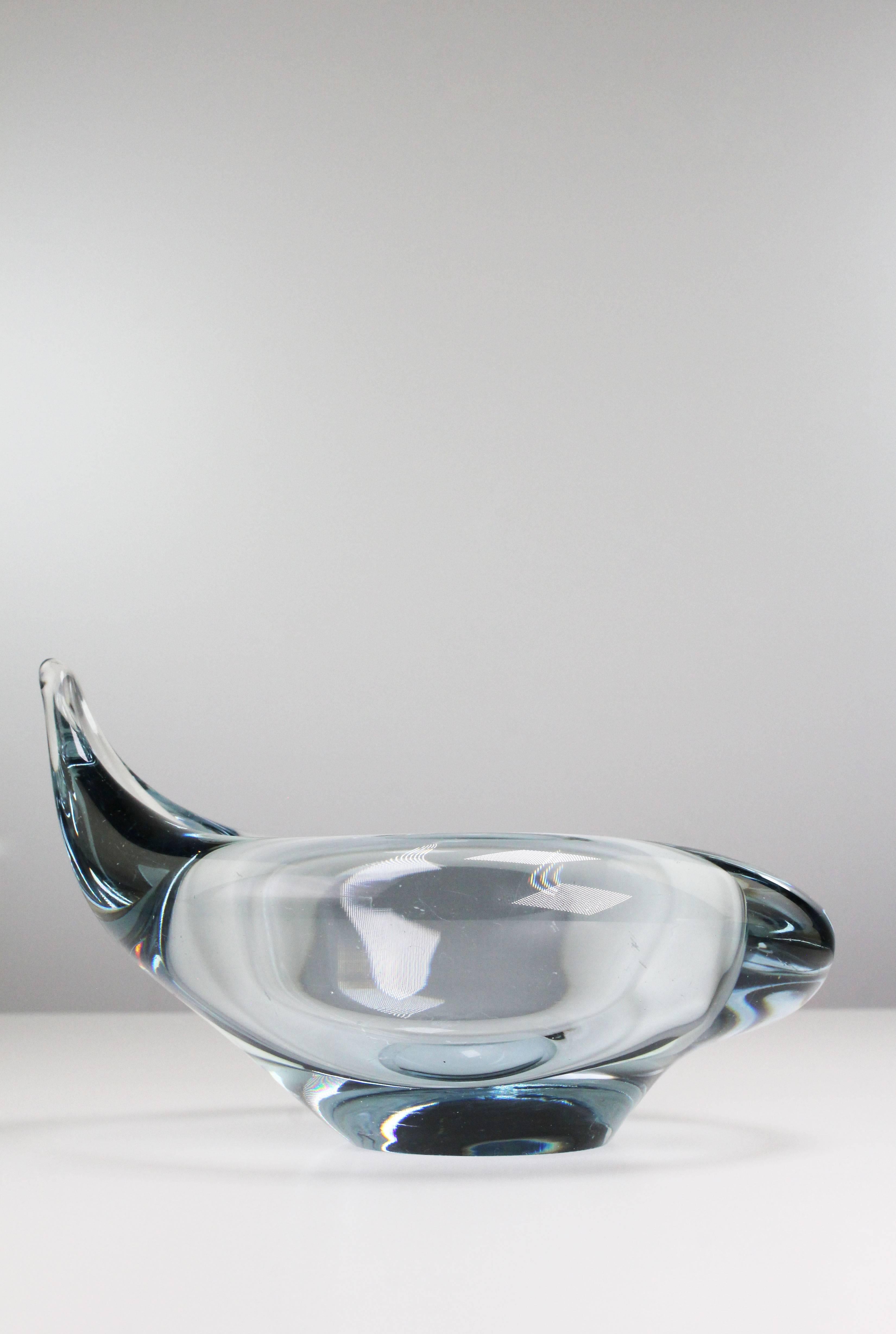 Pair of handmade Danish Mid Century Modern asymmetrical bowls of thick aqua blue glass with a tipped end. From the series Flamingo by glass designer Per Lütken for Holmegaard. Signed Holmegaard PL 1957. Hand blown so each item is unique in its own