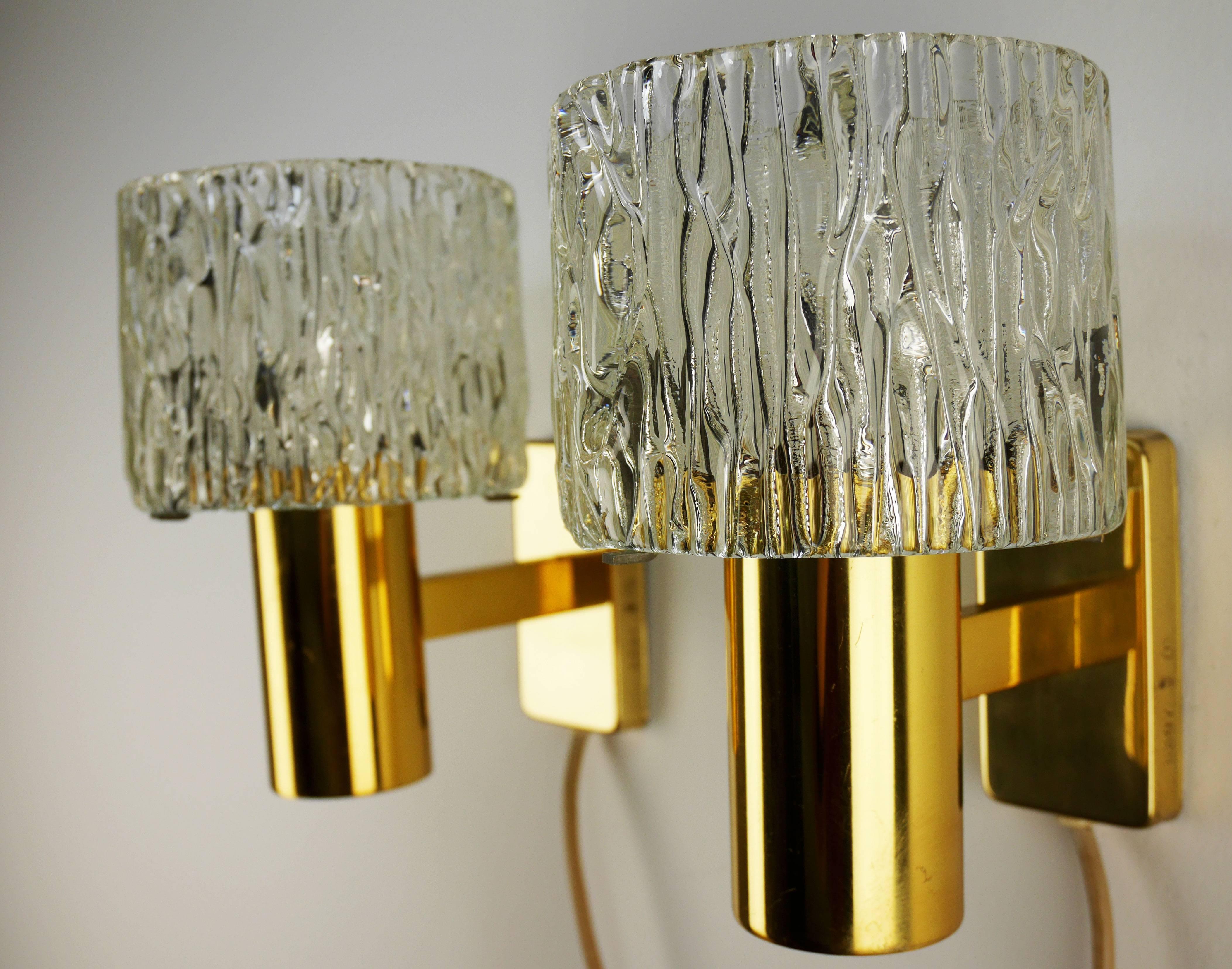 Mid-Century Modern Orrefors Pressed Glass Brass Wall Lights, 1950s For Sale