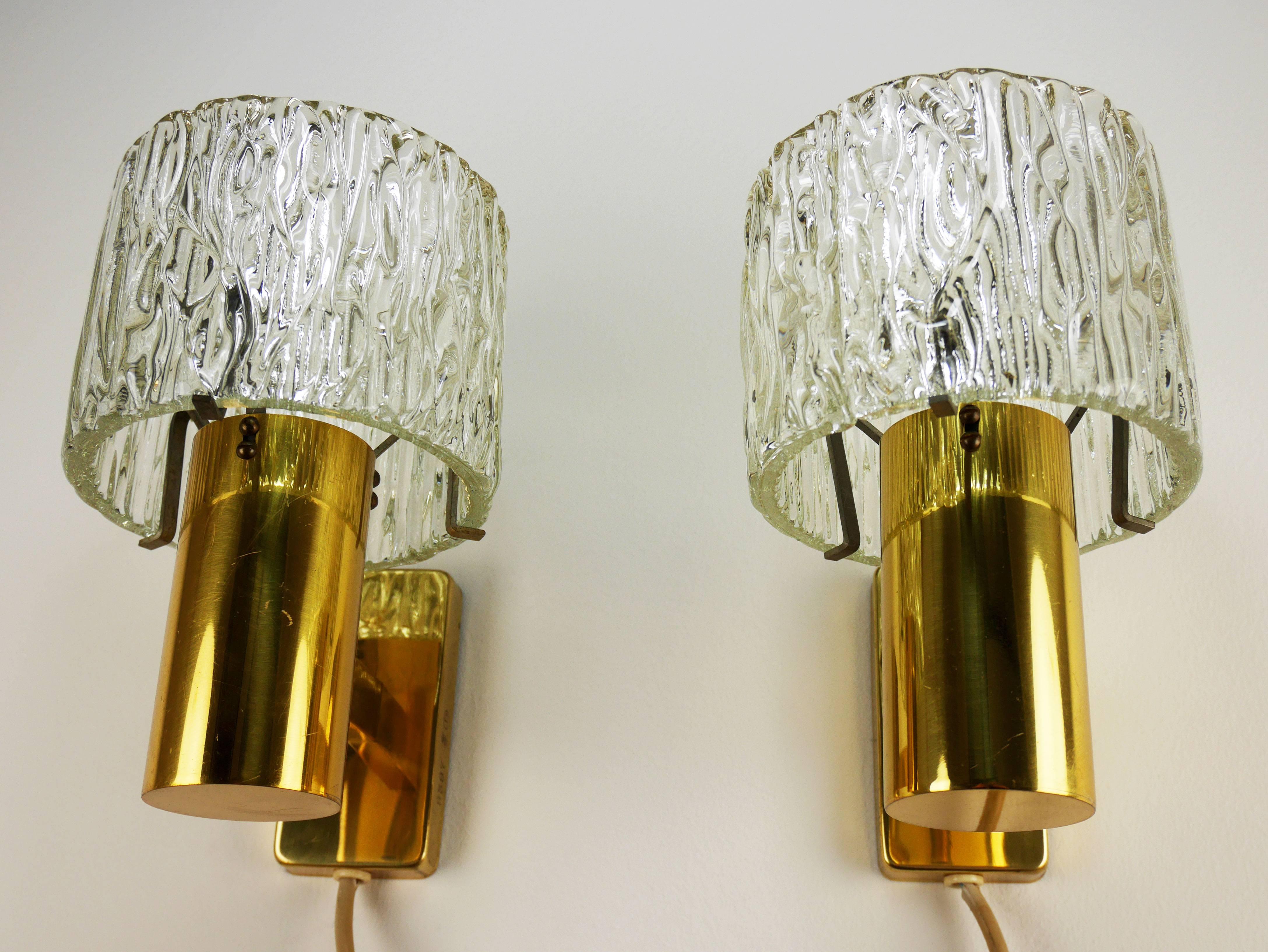 Swedish Orrefors Pressed Glass Brass Wall Lights, 1950s For Sale