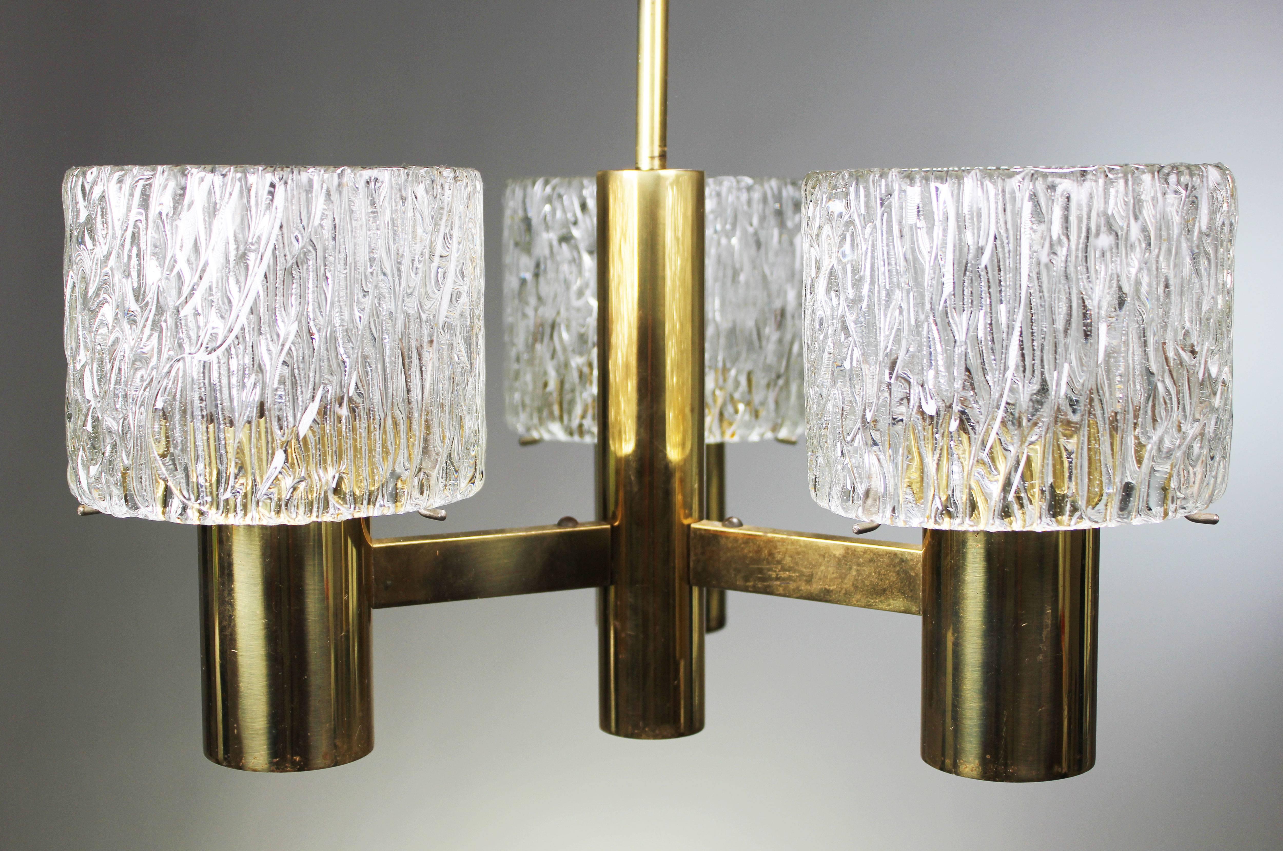 Mid-Century Modern Fagerlund for Orrefors 1950s Crystal Brass Three-Arm Chandelier For Sale