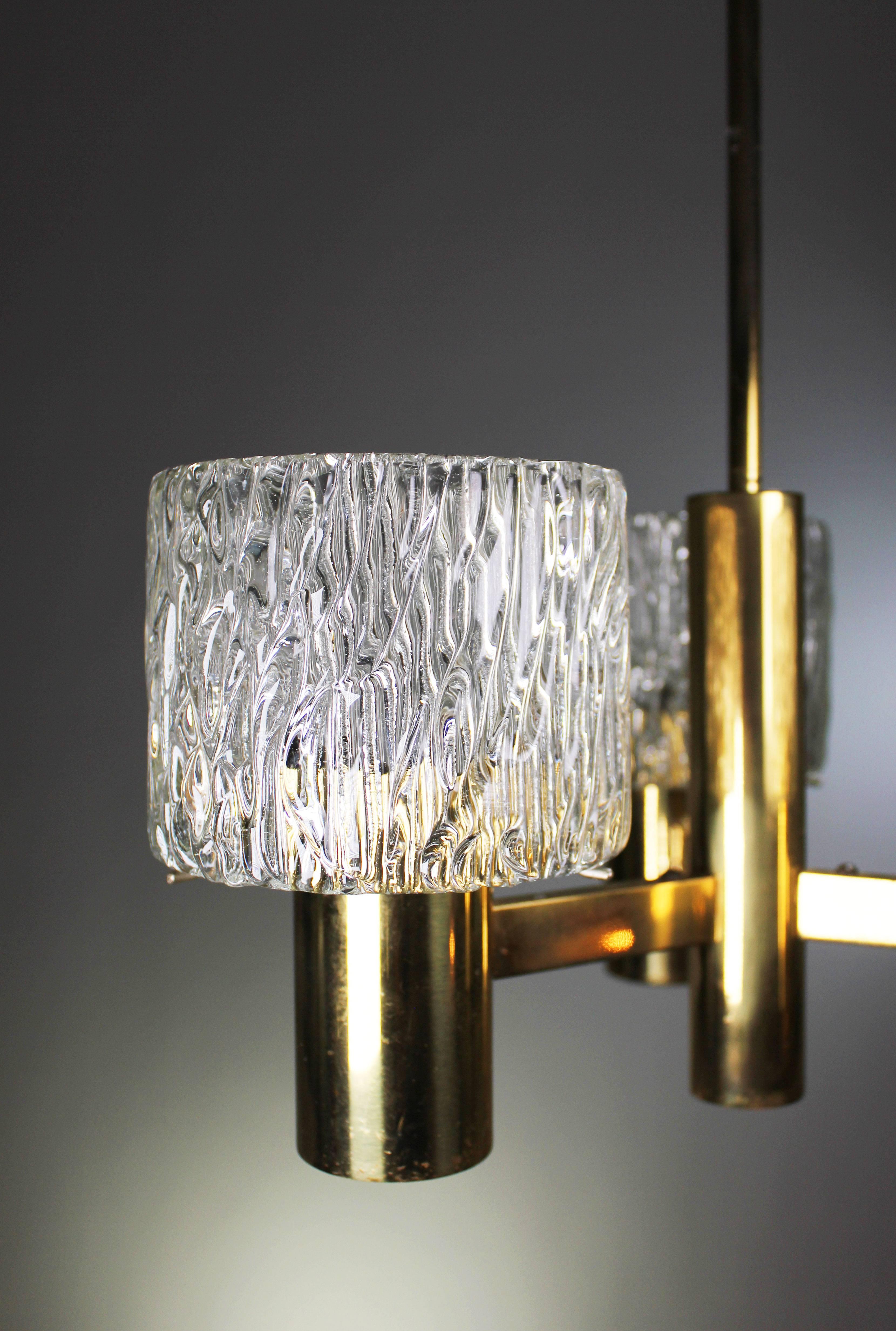 20th Century Fagerlund for Orrefors 1950s Crystal Brass Three-Arm Chandelier For Sale