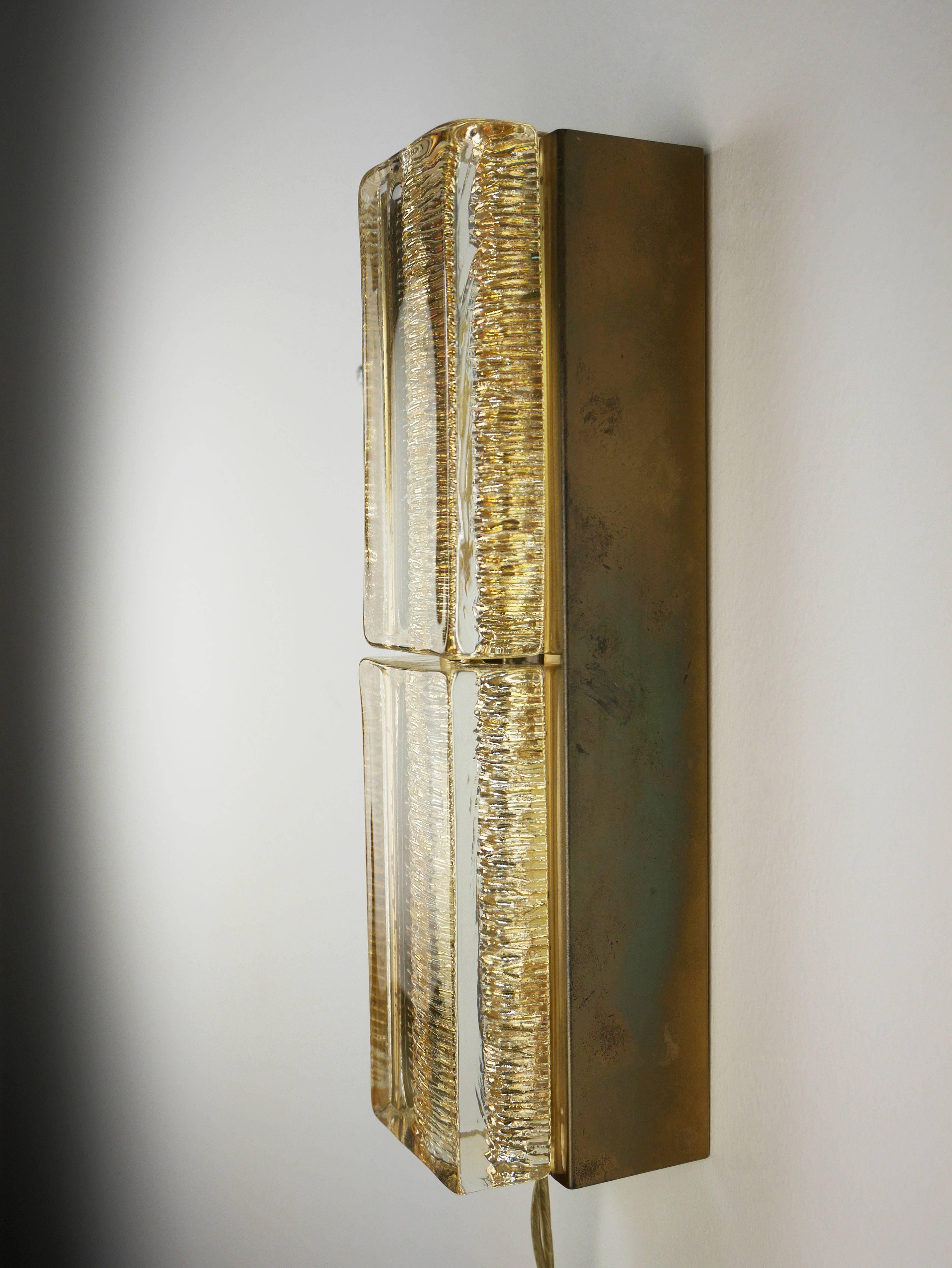 Danish Pair of Scandinavian Modern Golden Glass and Brass Wall Light by Vitrika, 1960s