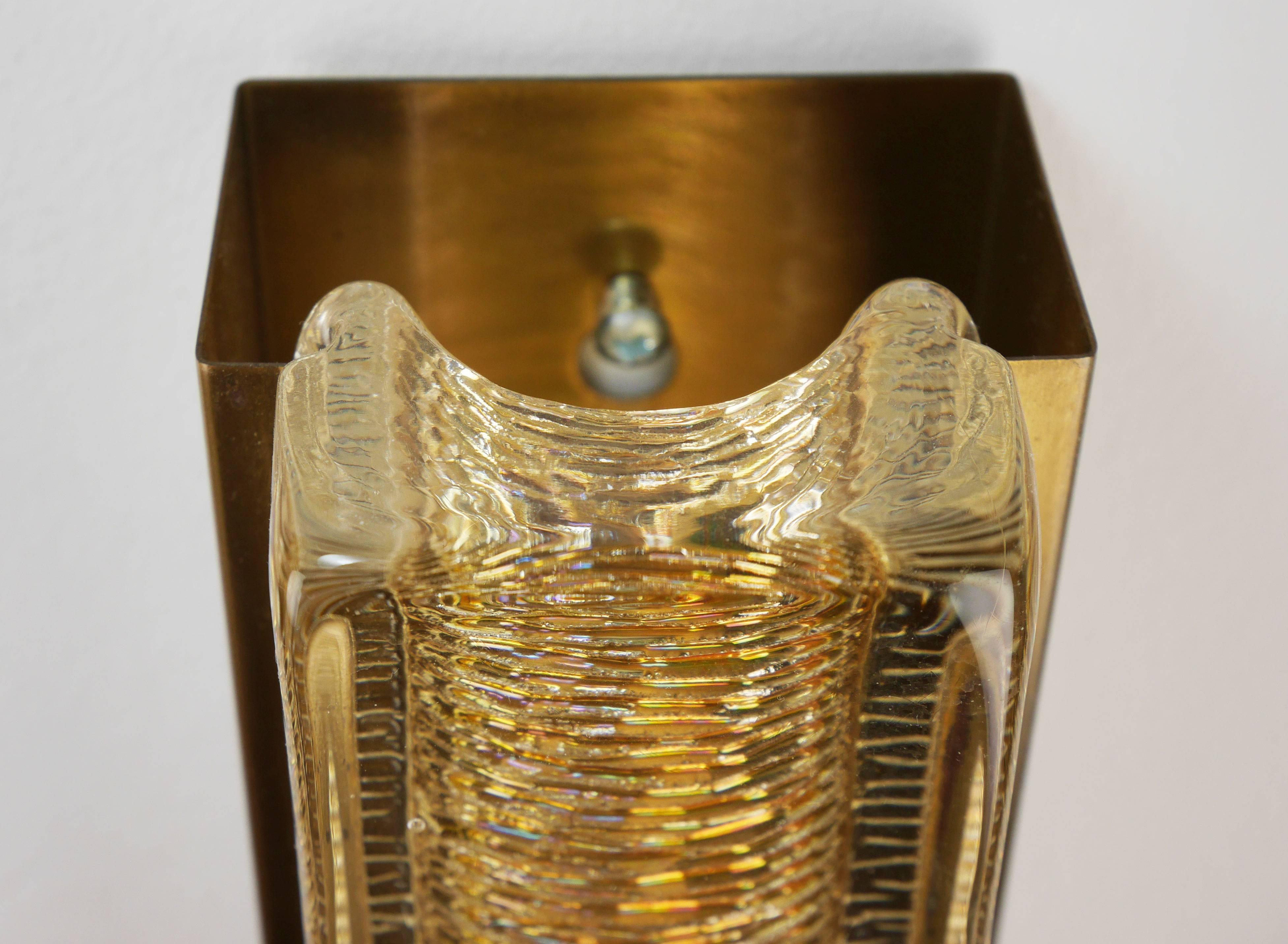 Mid-20th Century Pair of Scandinavian Modern Golden Glass and Brass Wall Light by Vitrika, 1960s