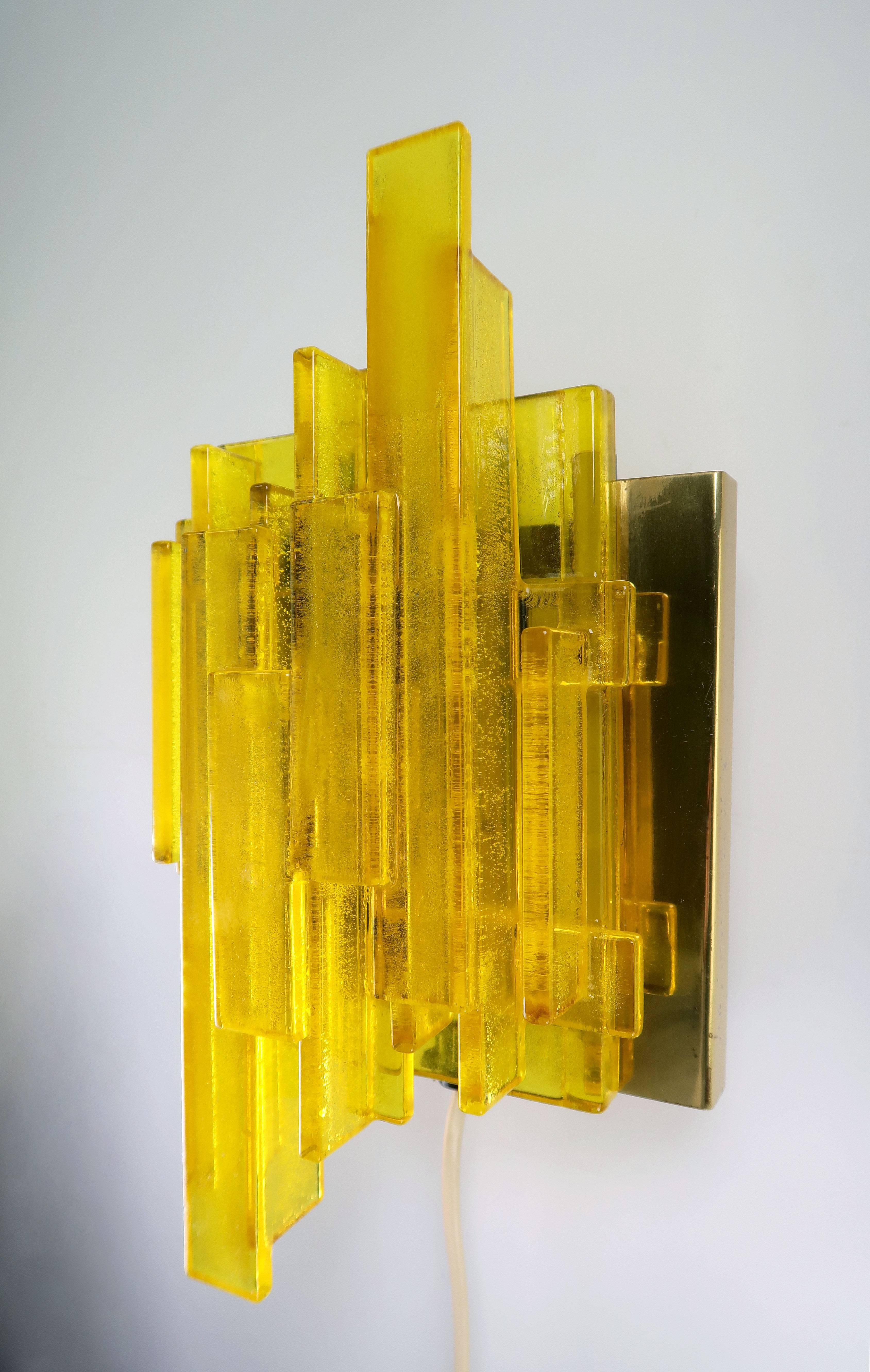 Lacquered Two Claus Bolby Danish Midcentury Space Age Yellow Acrylic Wall Lights, 1970s