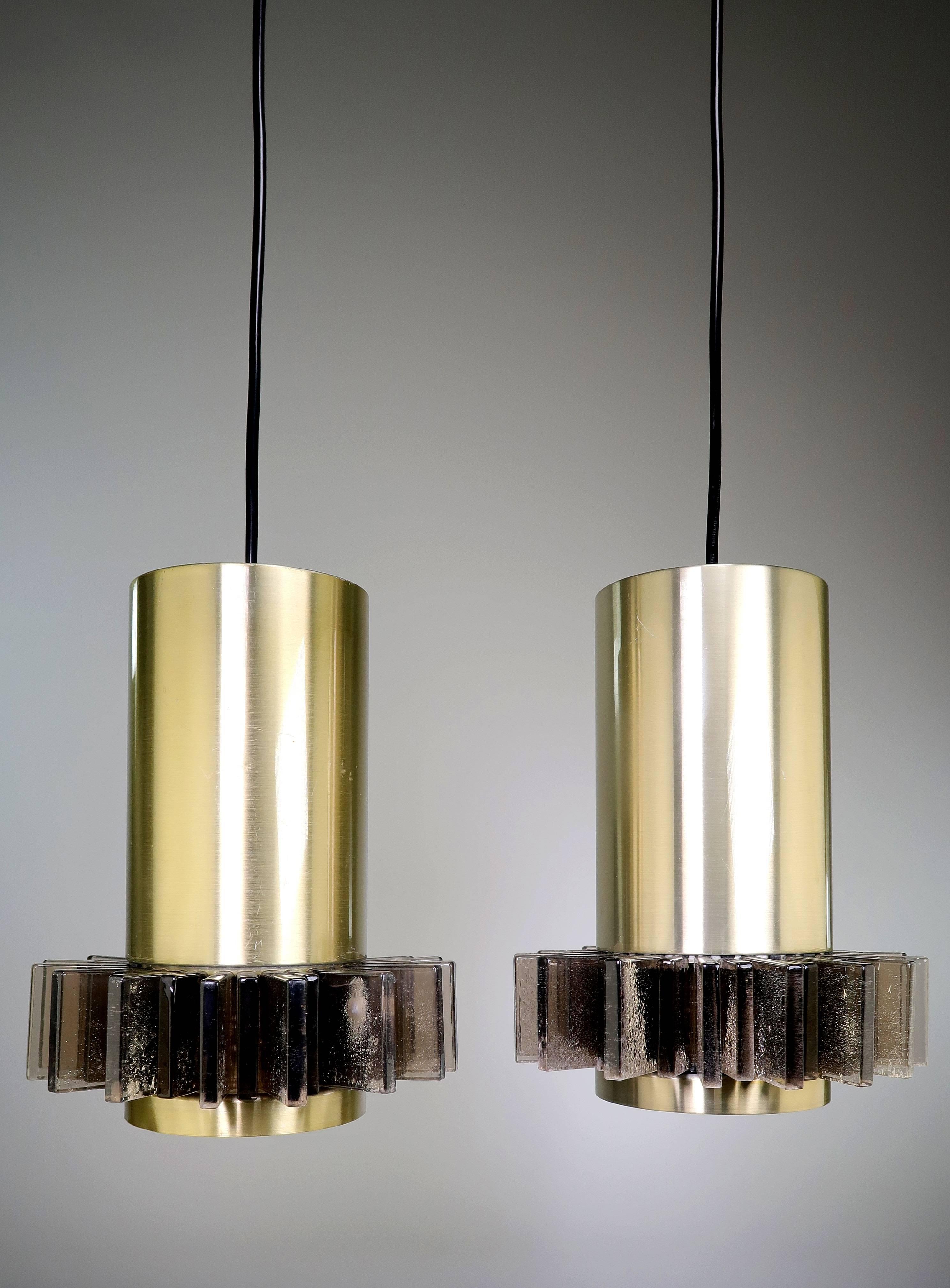 Mid-Century Modern Claus Bolby Danish Modern Space Age Brass and Grey Acrylic Pendants, 1970s