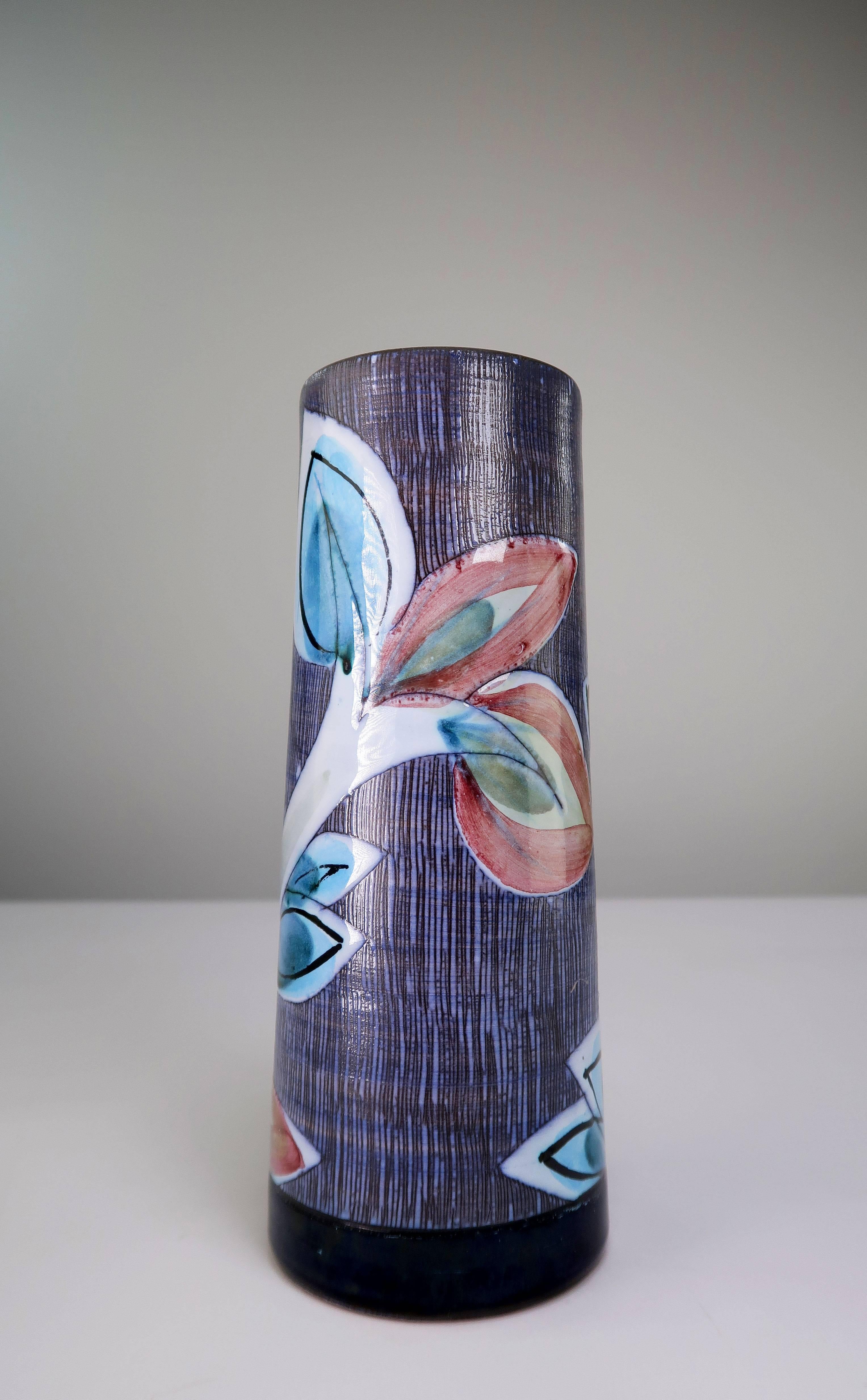 Glazed Swedish Modern Floral Fauna Ceramic Vase, 1960s For Sale