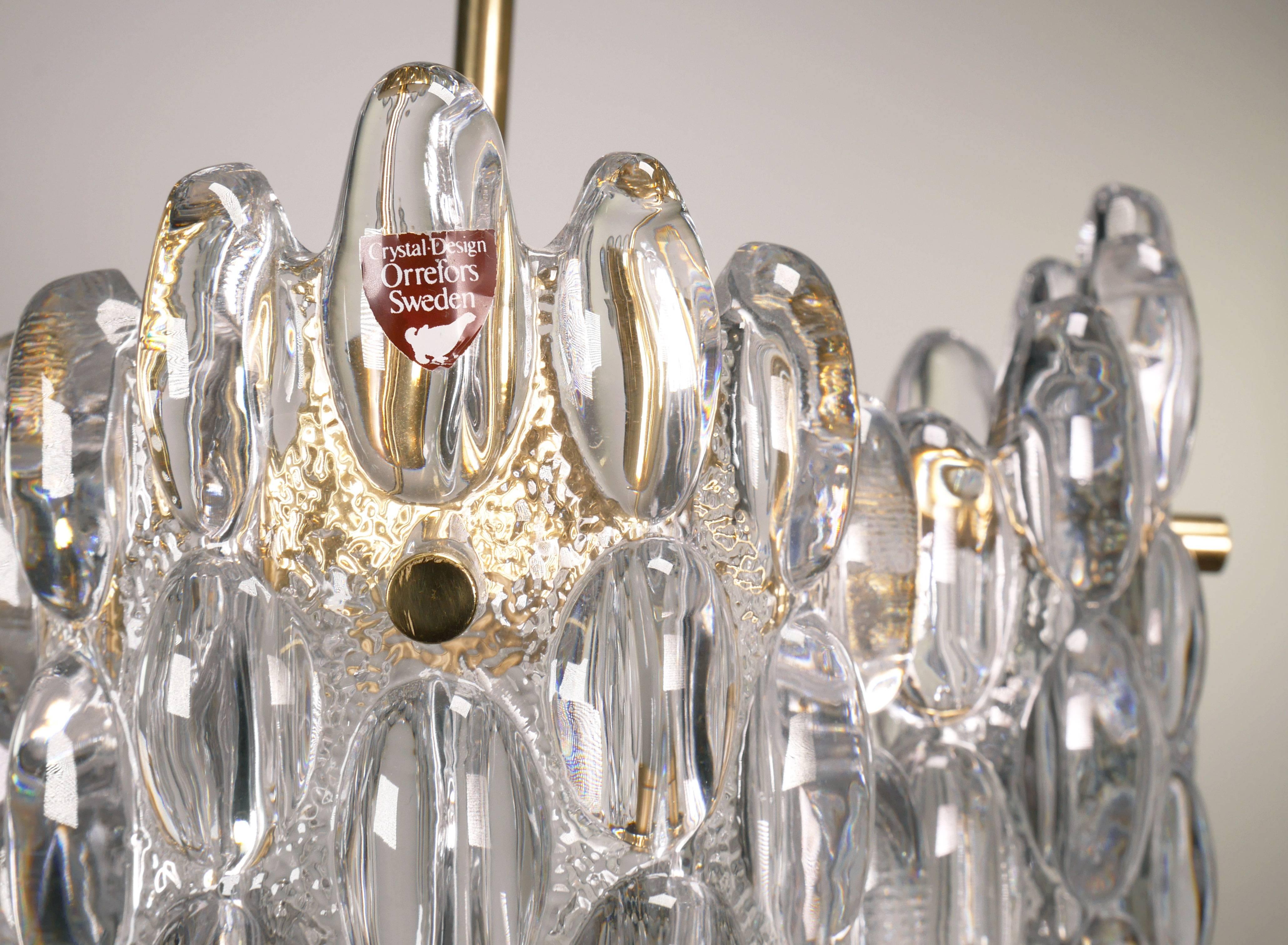 Carl Fagerlund for Orrefors Clear Textured Crystal Four-Plate Chandelier, 1950s 1