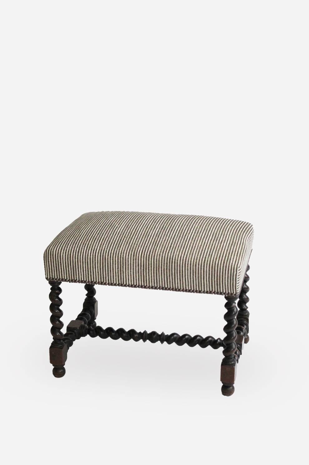 Antique, French reupholstered ottoman. 

Fully restored and reupholstered in Fermoie khaki and off-white cotton upholstery.