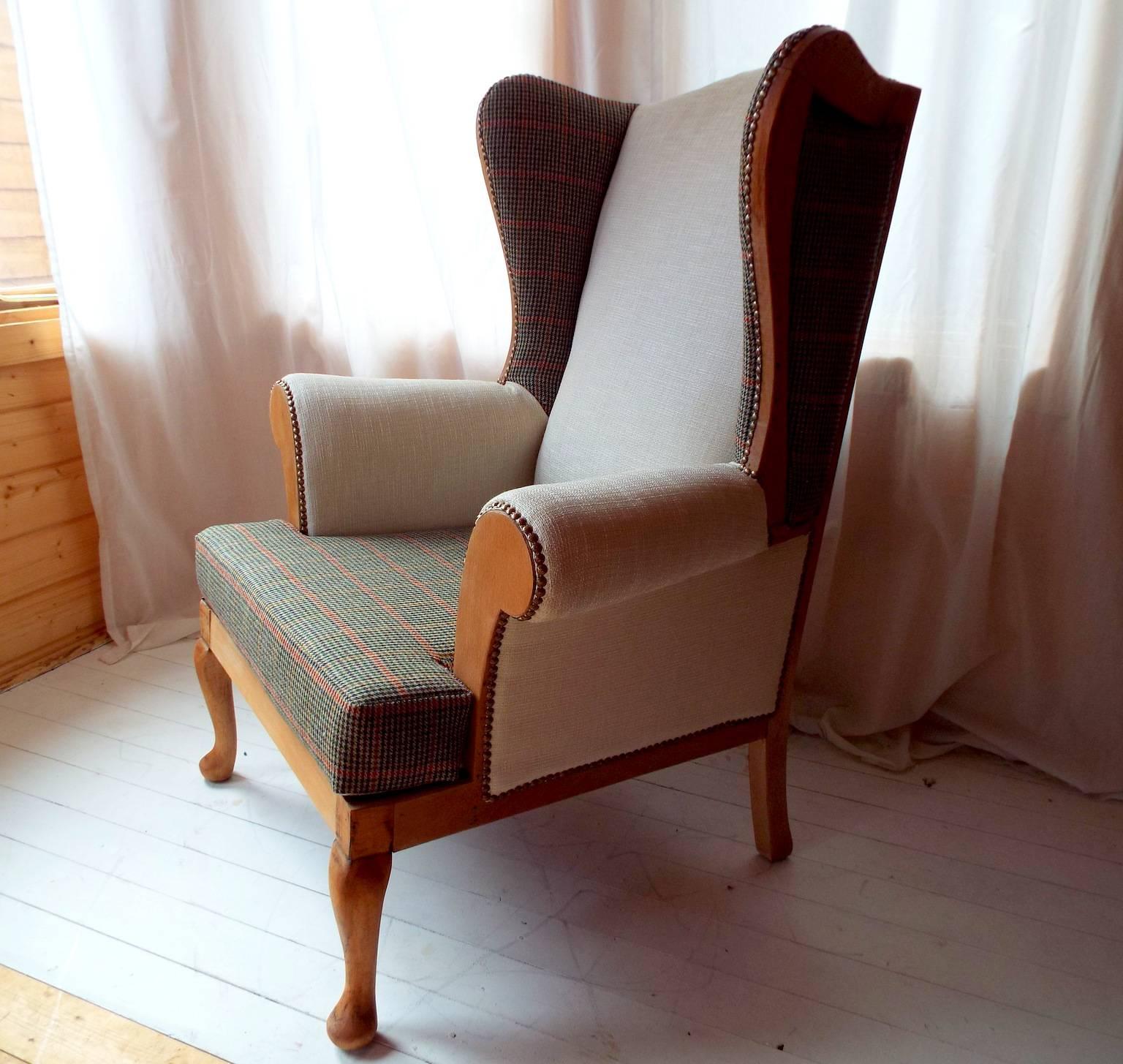 100% wool panels, exposed frame, refinished woodwork and top quality fabric, make this 1950s wingback something special.

Birch and Alpe, furniture makers of High Wycombe, manufactured high quality furniture from the 1920s until 1959. This extremely