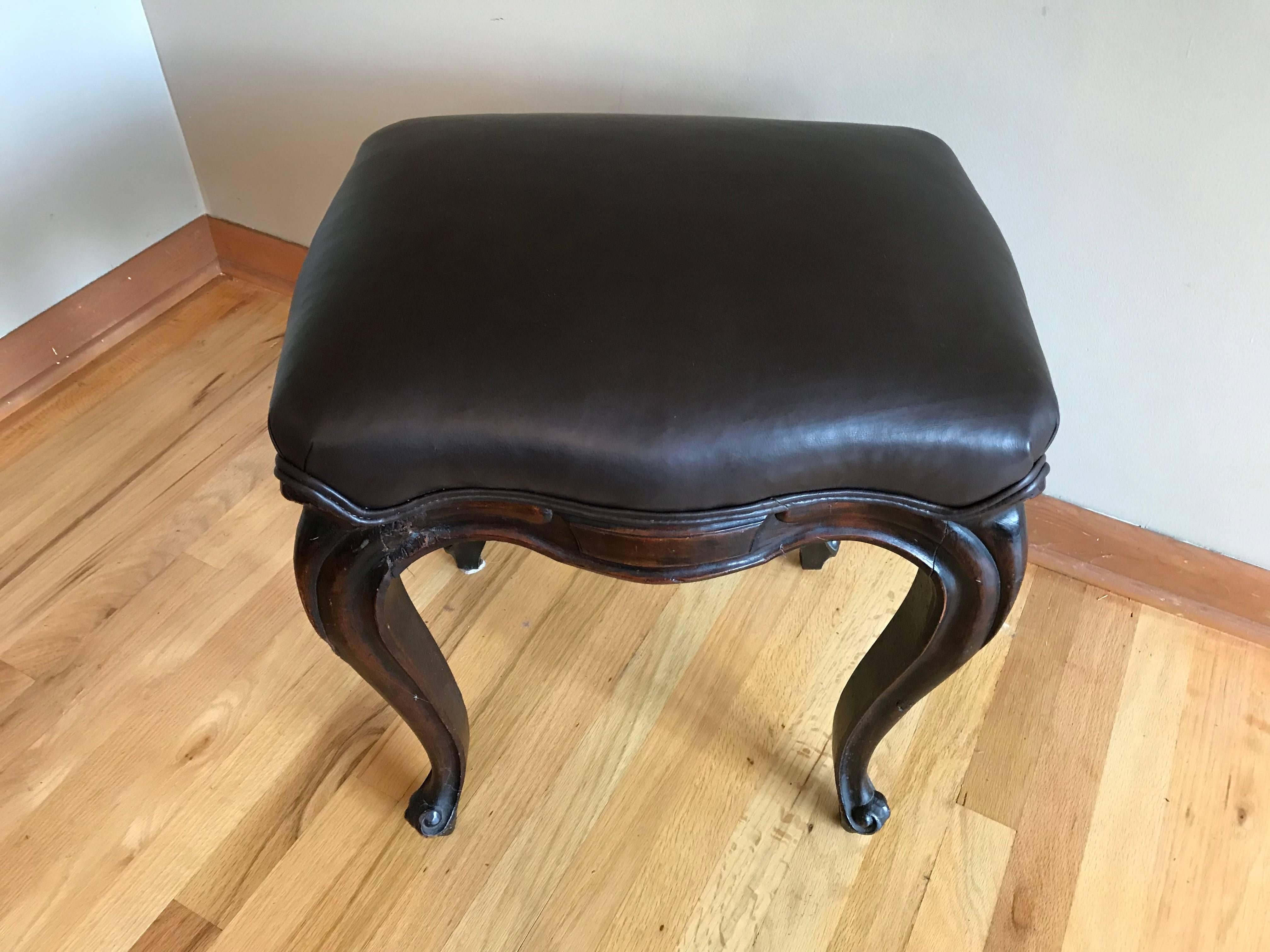18th century Louis XV carved tabouret stool with new Edelman leather upholstery. Wonderful understated carving.